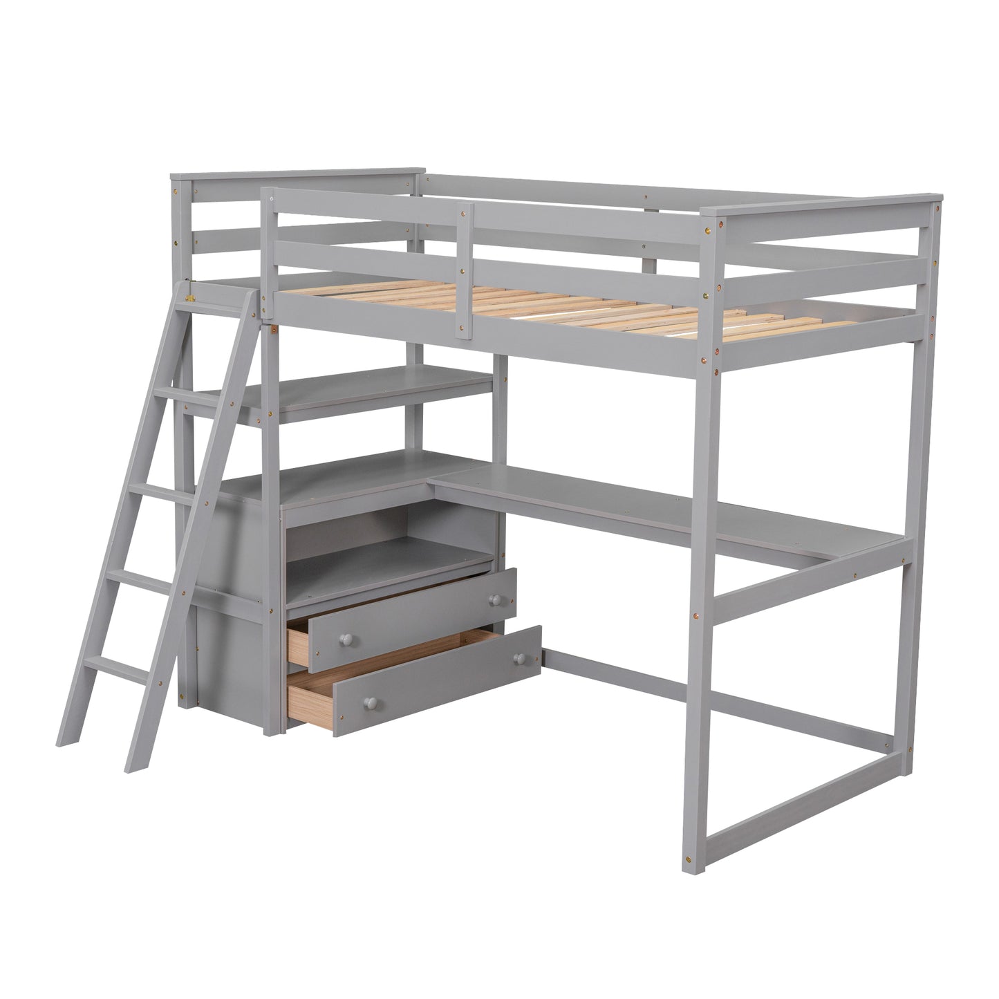 Gray loft bed with desk and drawers