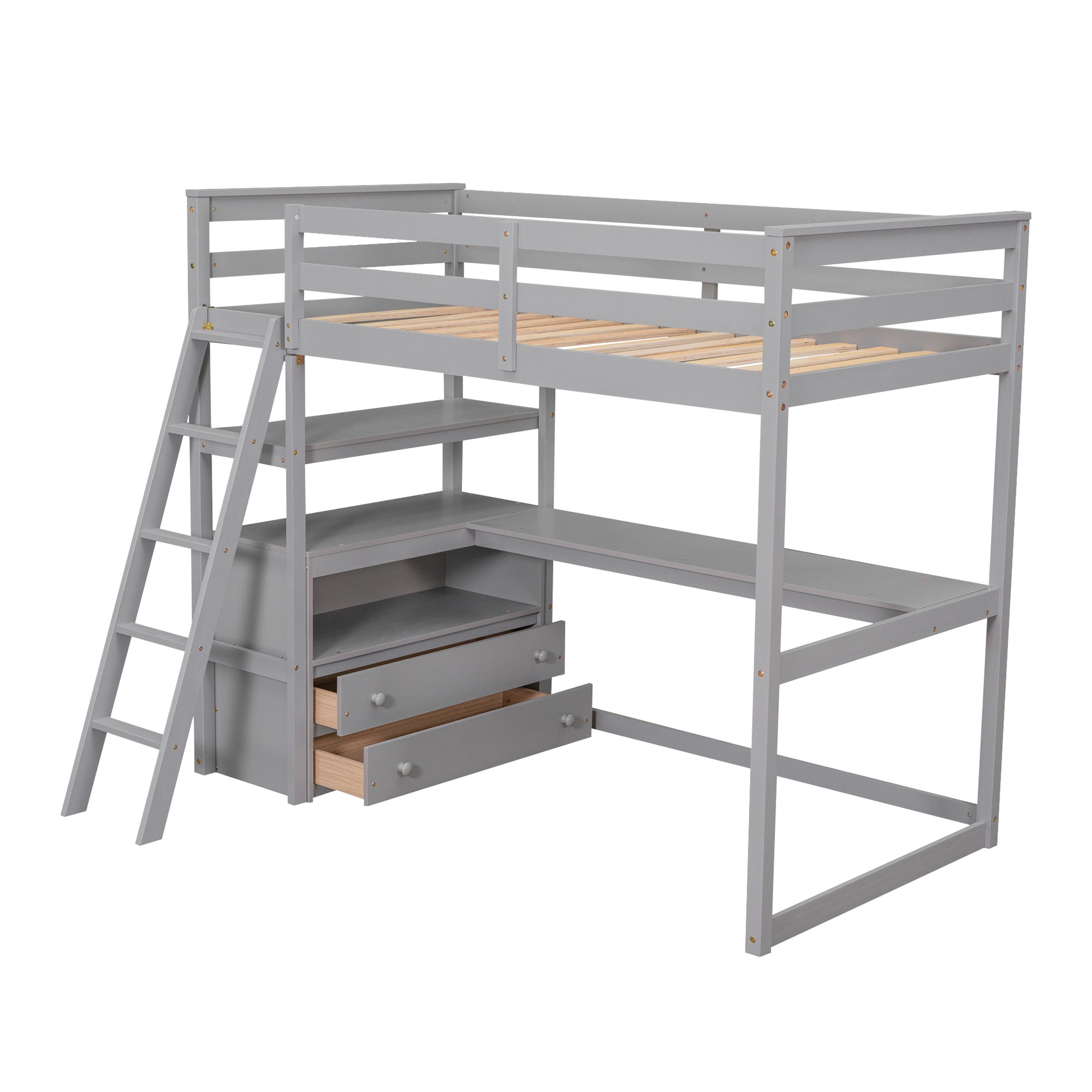 Gray loft bed with desk and drawers