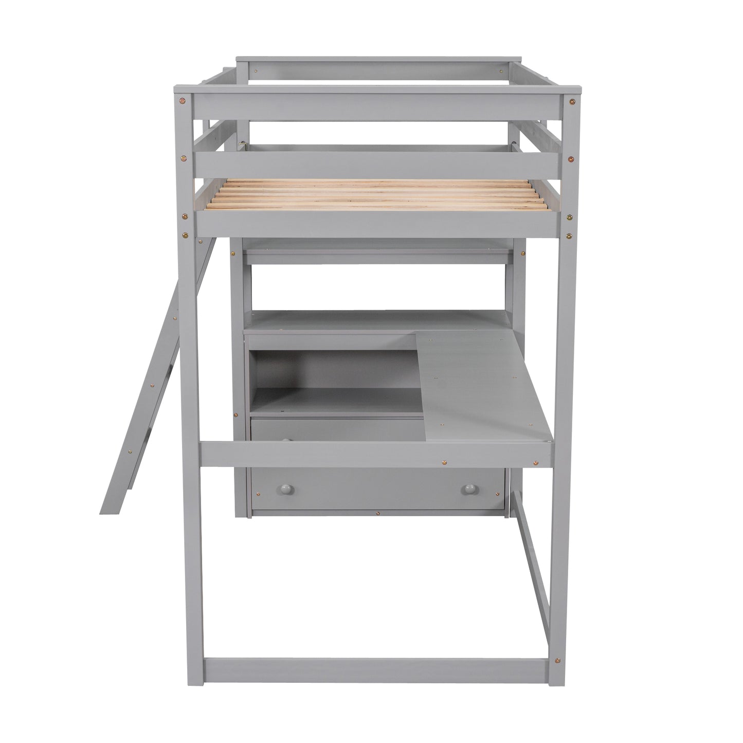 Gray loft bed with desk and storage shelves