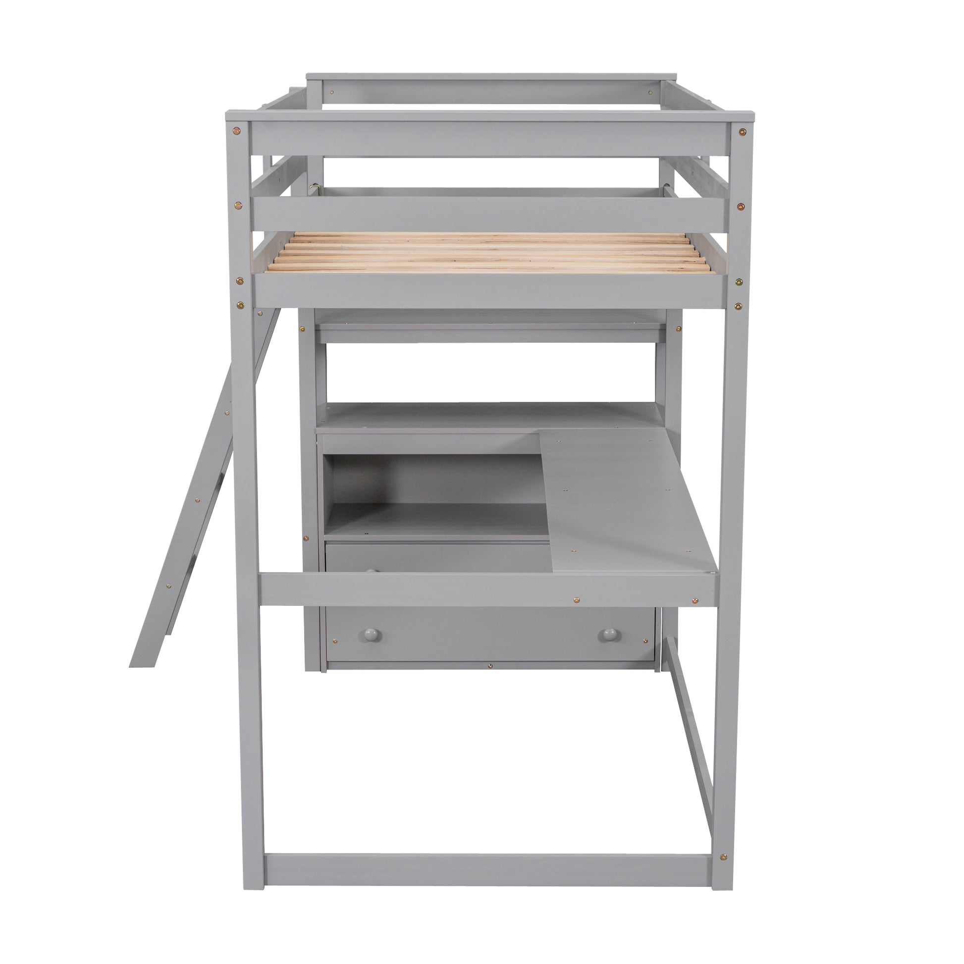 Gray loft bed with desk and storage shelves