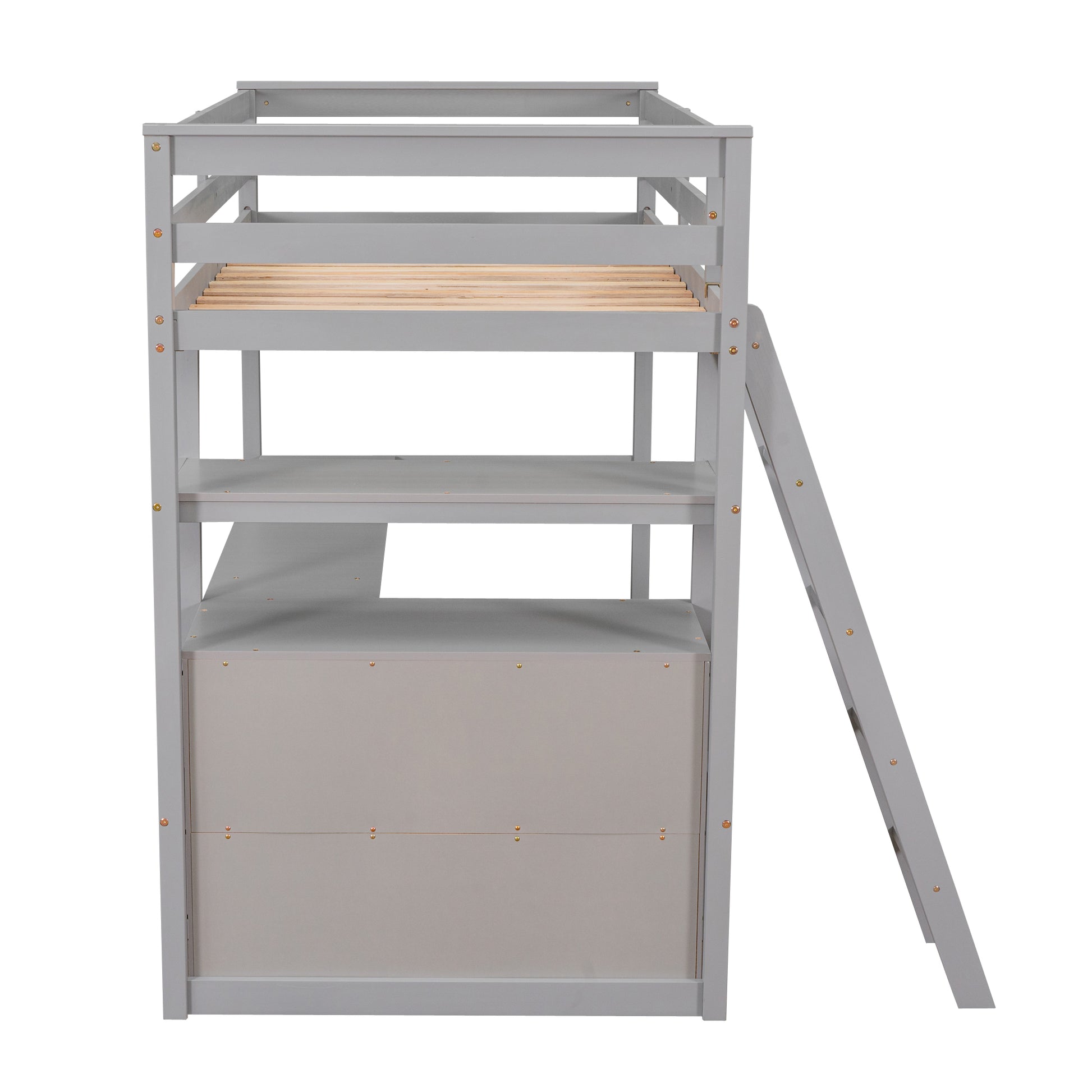 Grey wooden loft bed frame with integrated desk and ladder