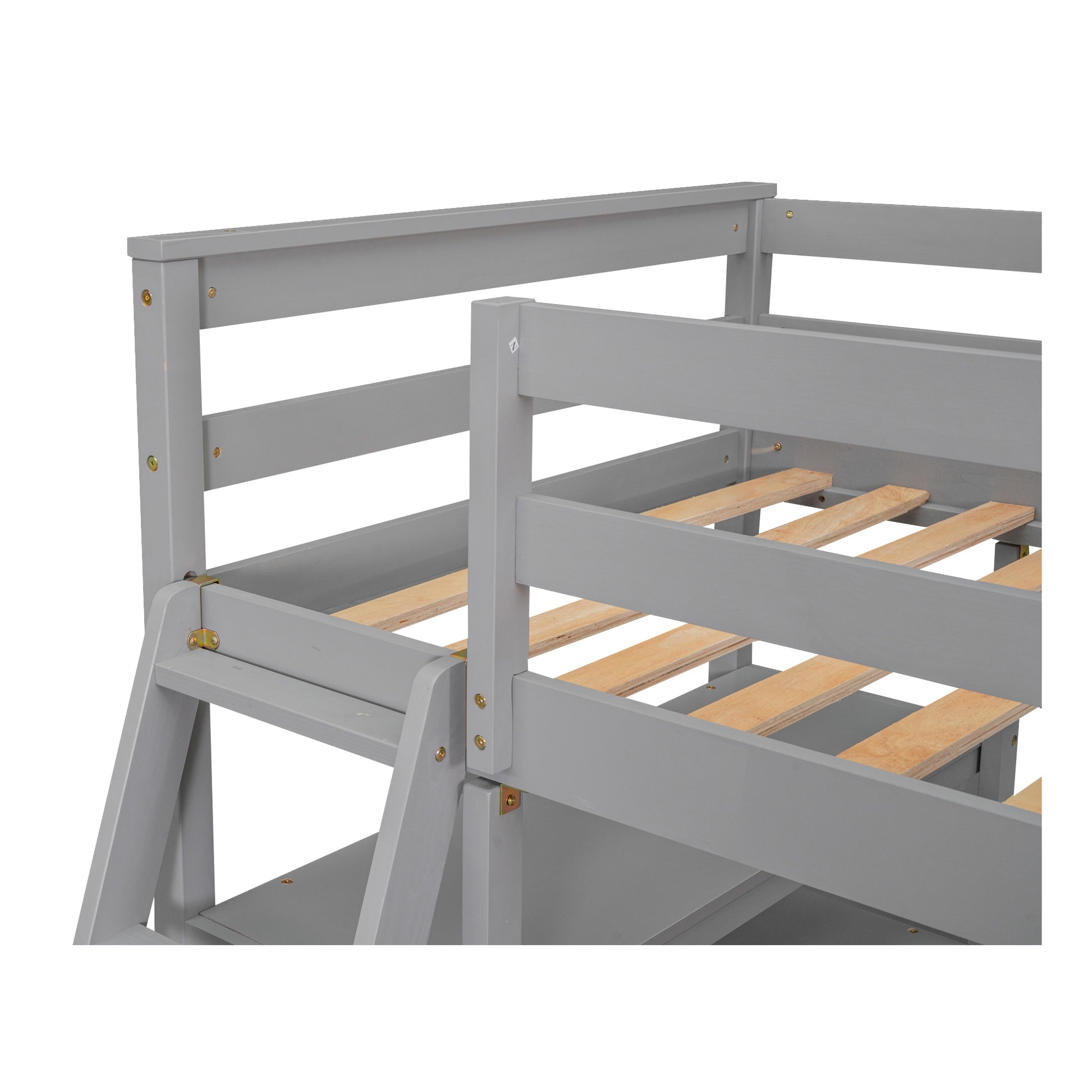 Gray wooden bunk bed frame detail with ladder steps