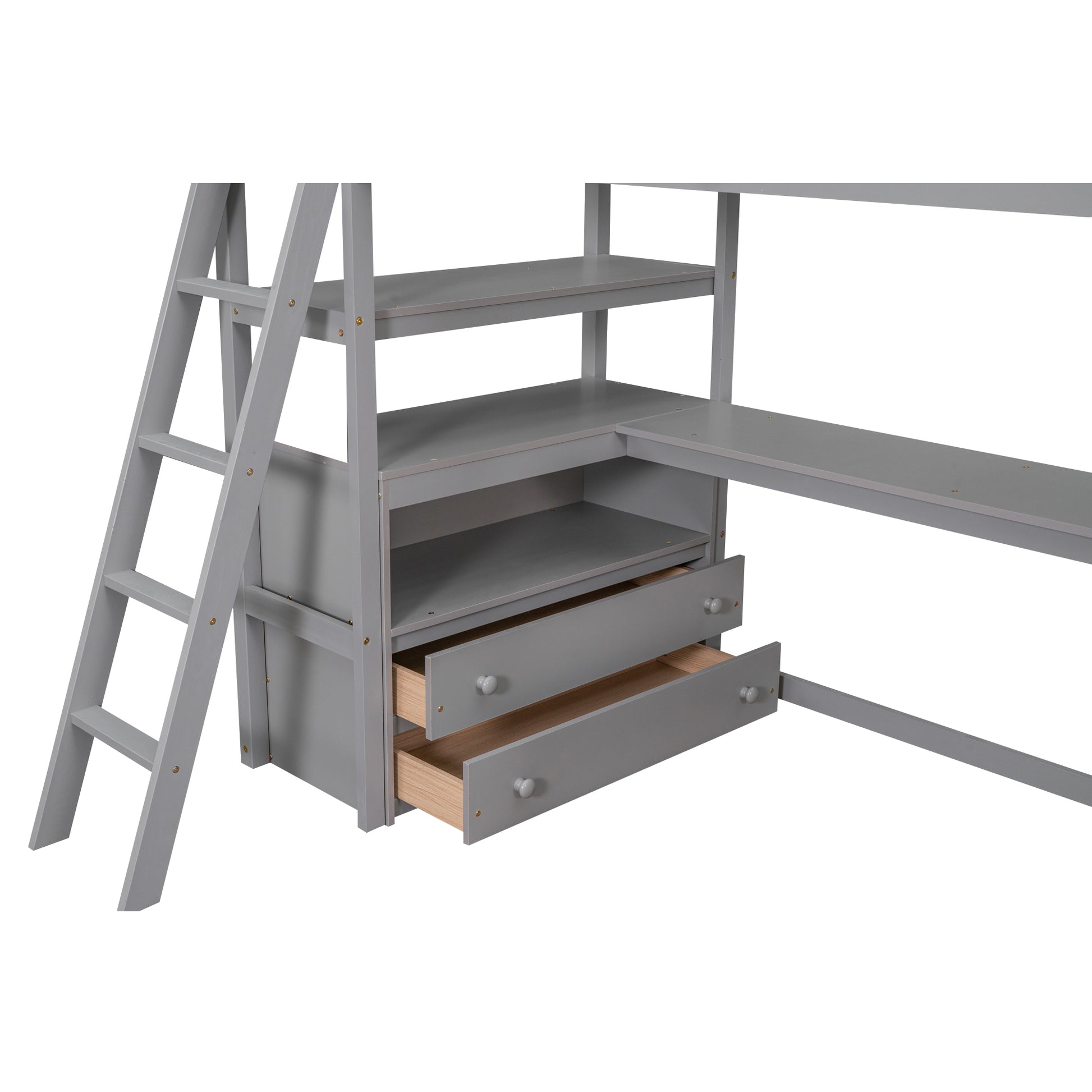 Gray loft bed ladder with integrated desk and drawers