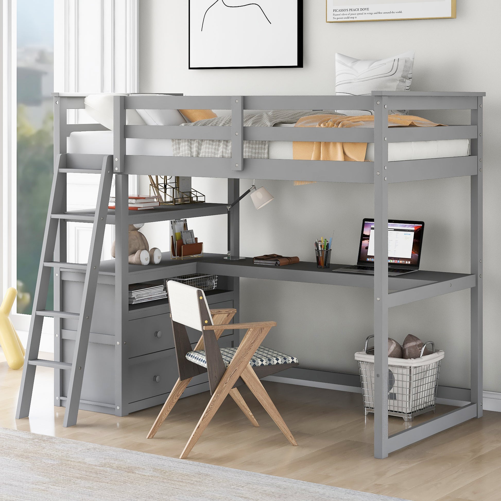 Gray wooden loft bed with desk and shelves
