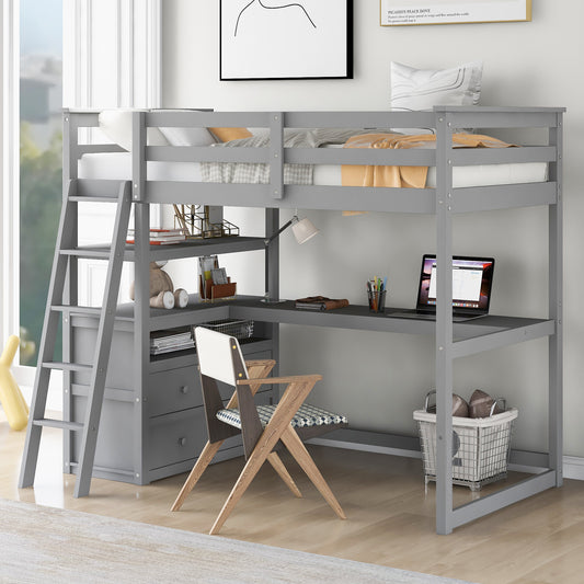 Gray wooden loft bed with desk and shelves