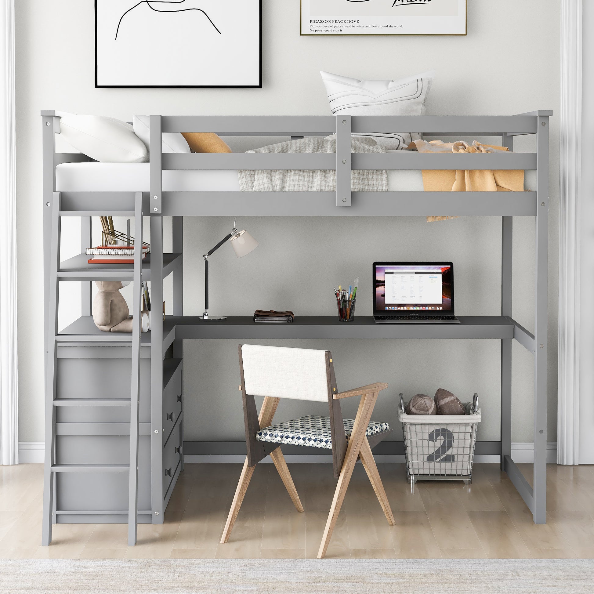 Gray wooden loft bed with integrated desk