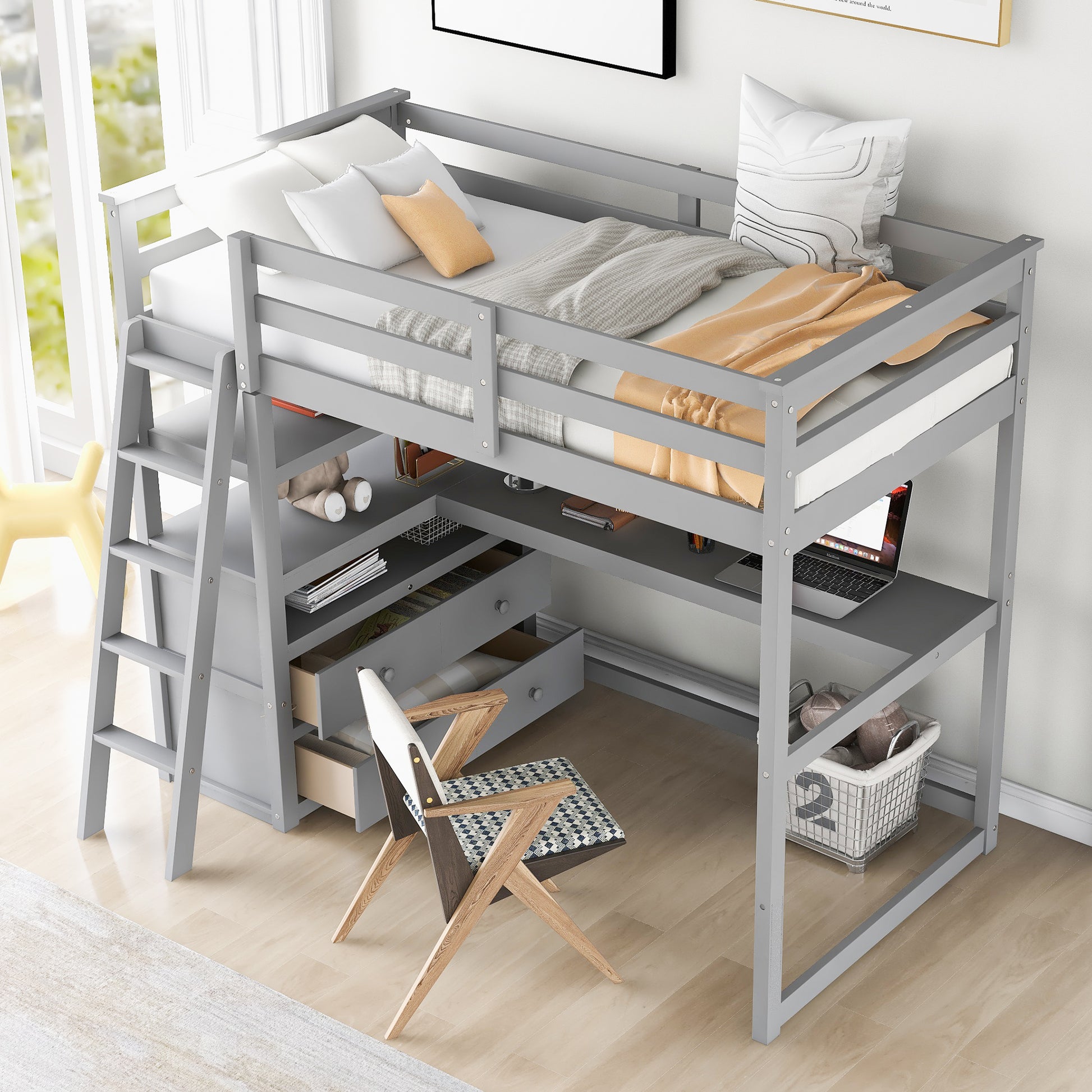 Gray wooden loft bed with integrated desk and drawers