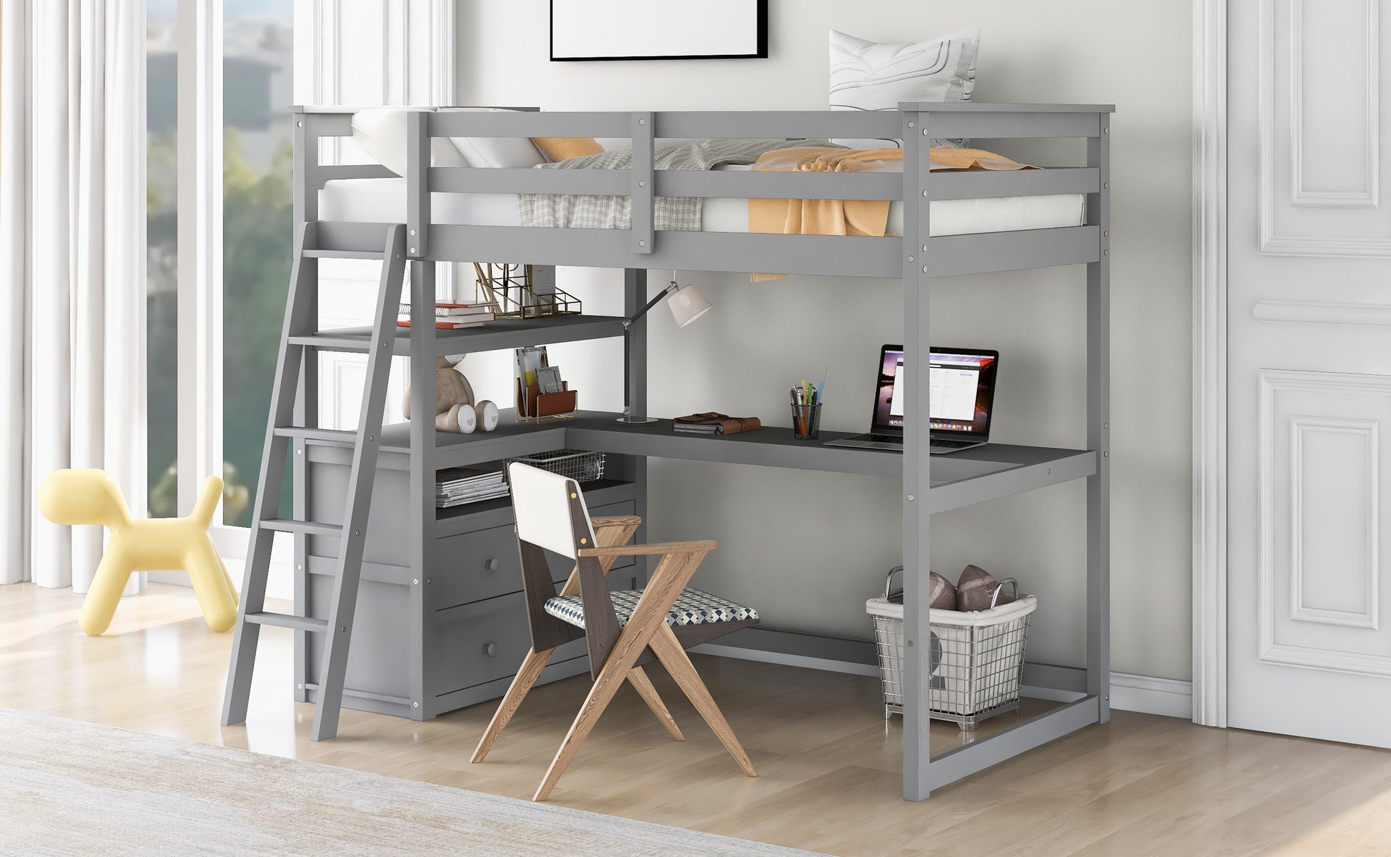Gray wooden loft bed with integrated desk and ladder