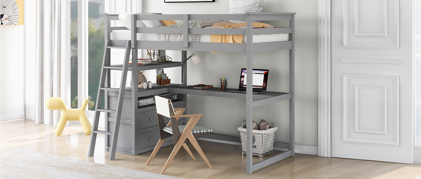 Gray wooden loft bed with integrated desk and ladder perfect for kids rooms