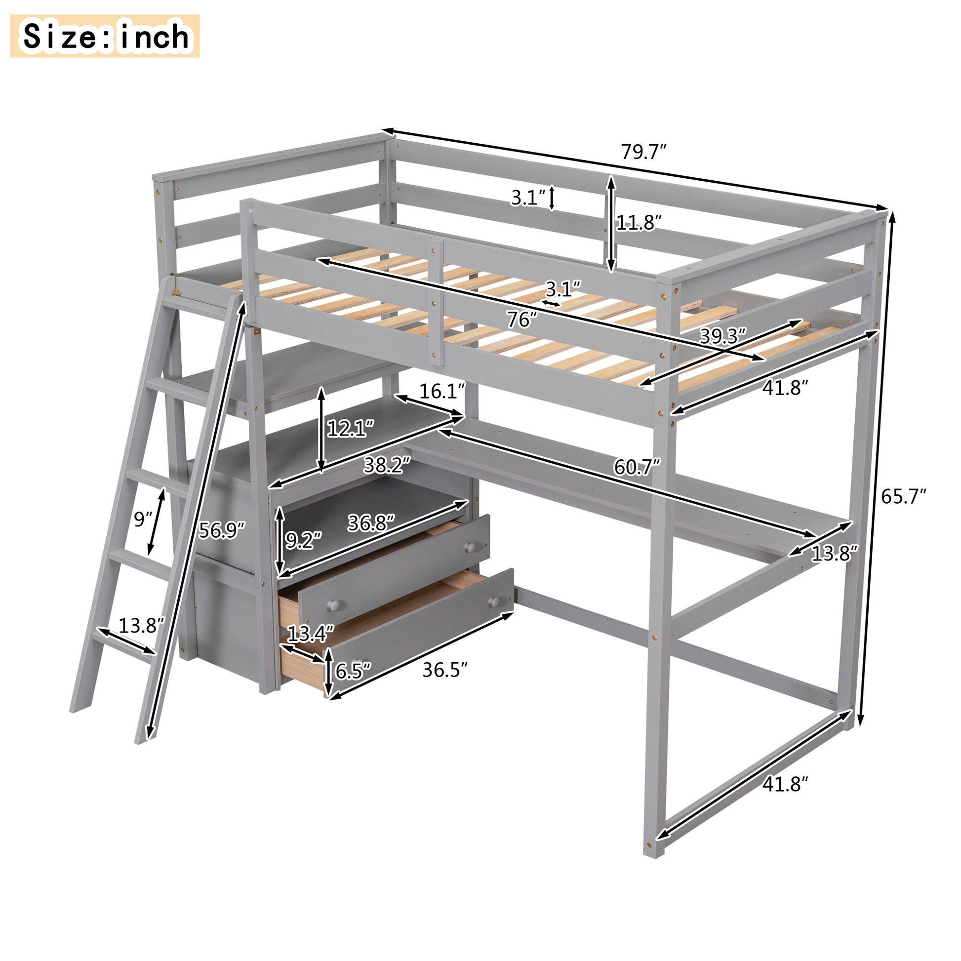 Gray wooden loft bed with integrated desk and drawers