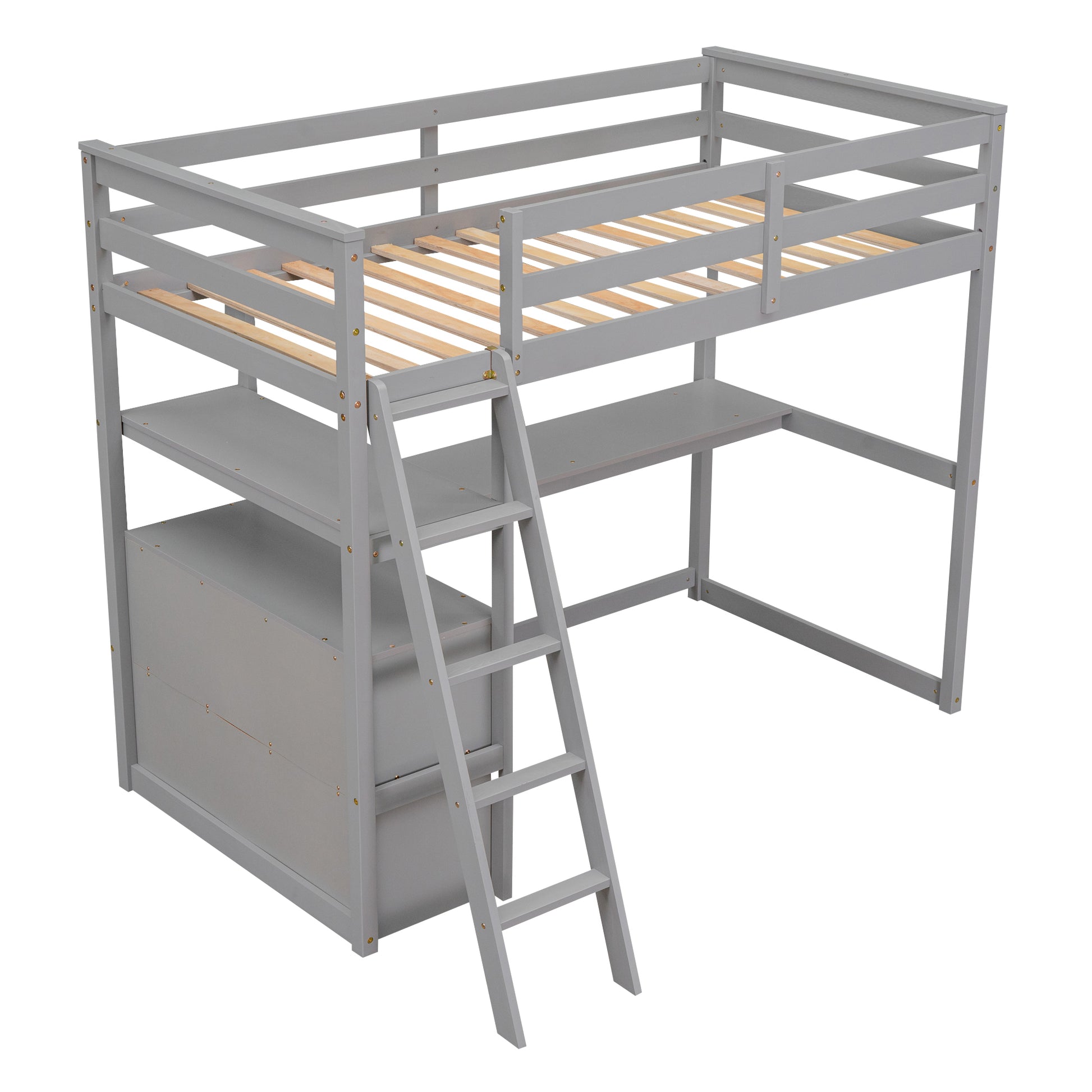Grey wooden loft bed with integrated desk and storage drawers