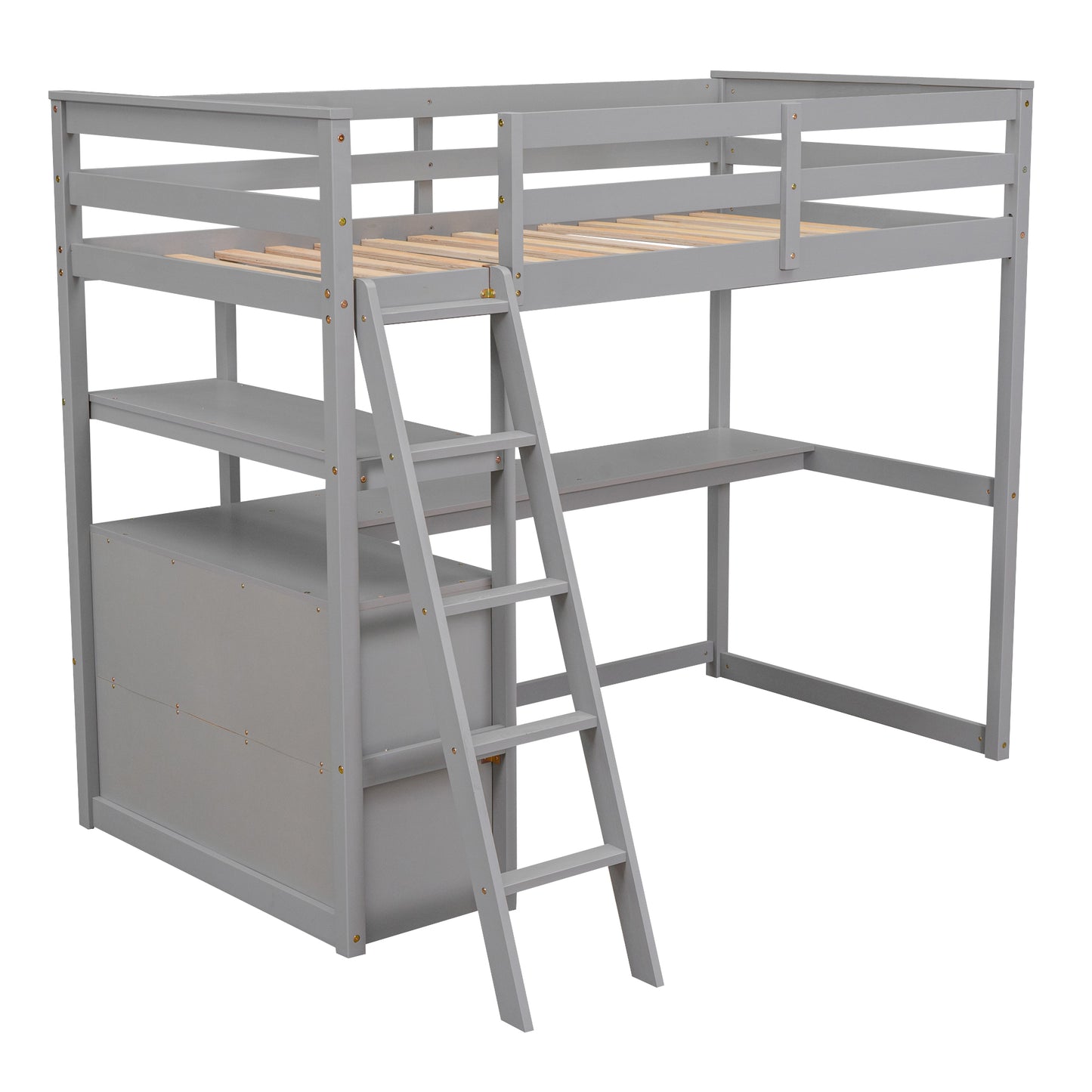 Gray wooden loft bed with integrated desk and storage