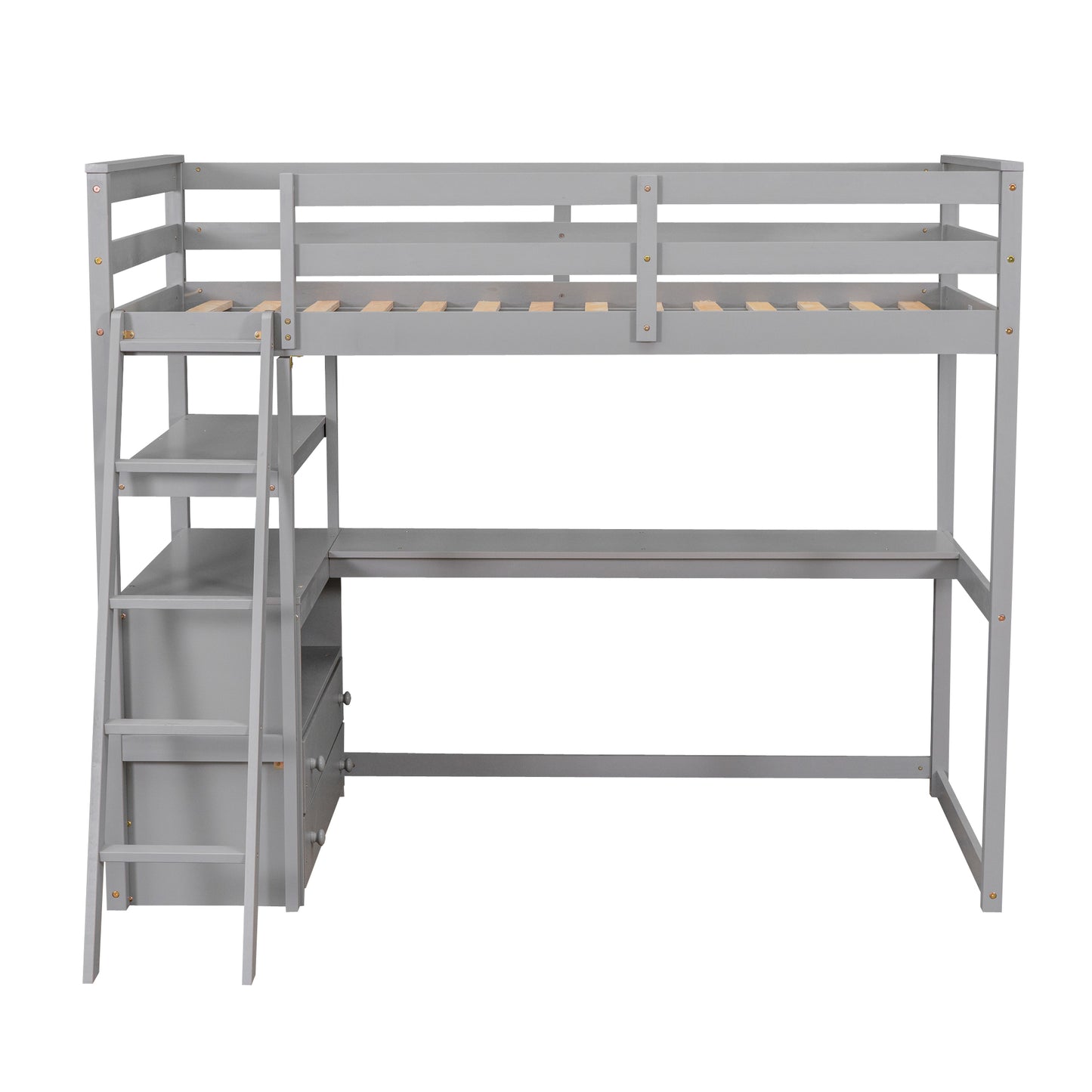 Grey wooden loft bed with desk and shelves