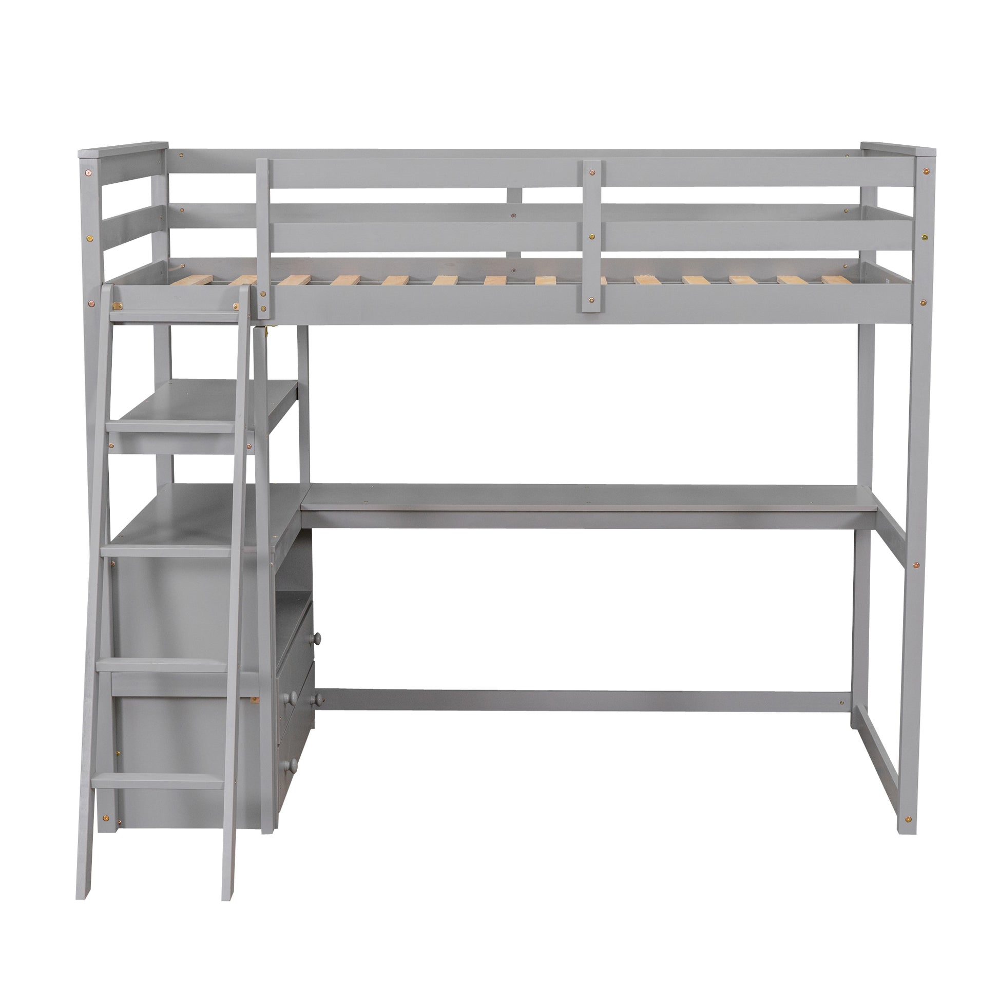 Grey wooden loft bed with desk and shelves