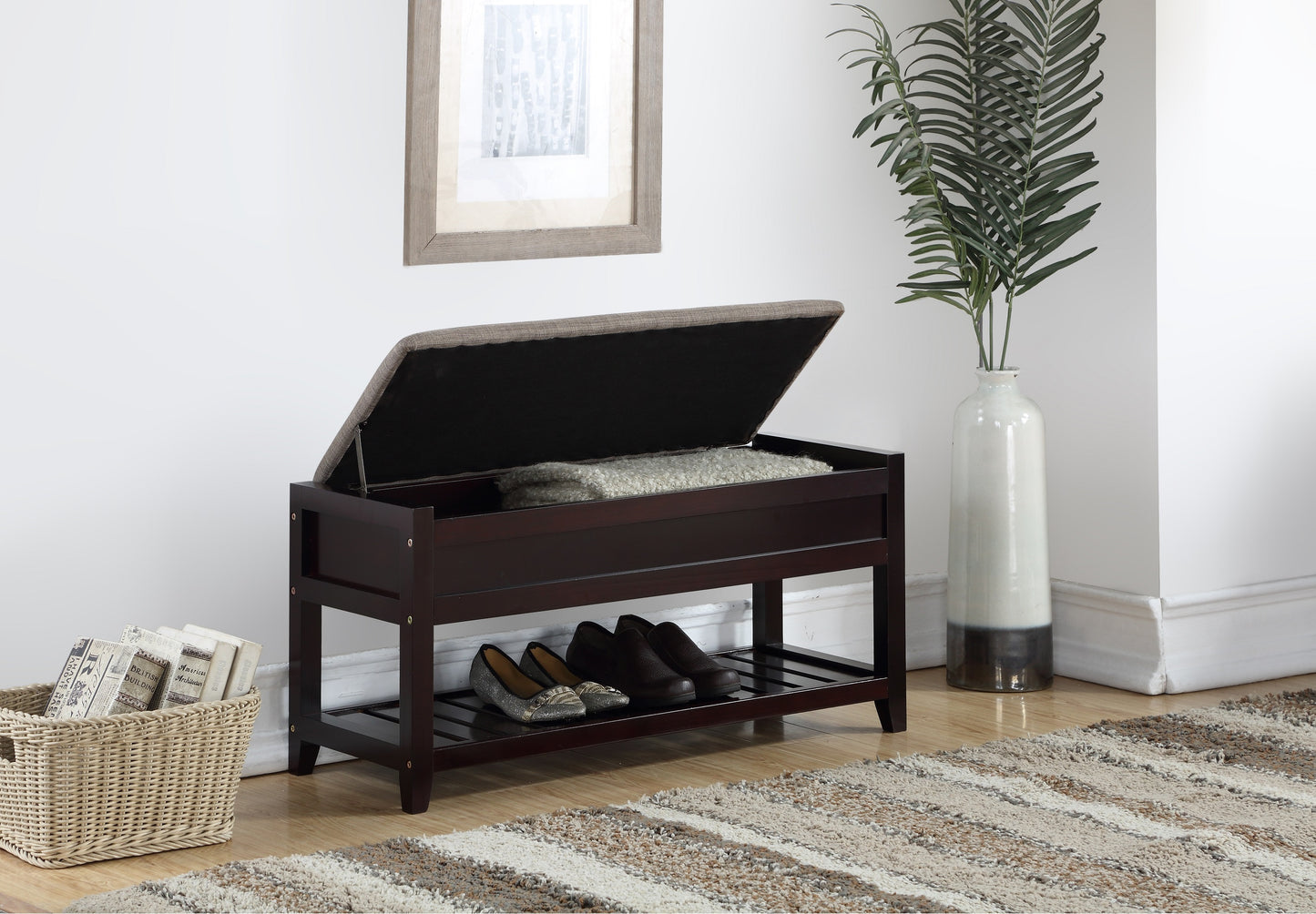 Dark brown wood entryway bench with lifttop storage and shoe rack below