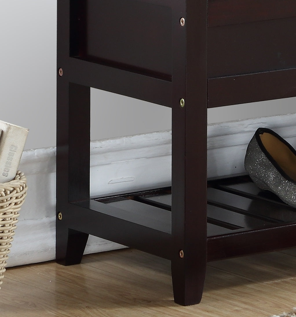 Dark brown wooden bench with slatted shelf perfect for entryway organization