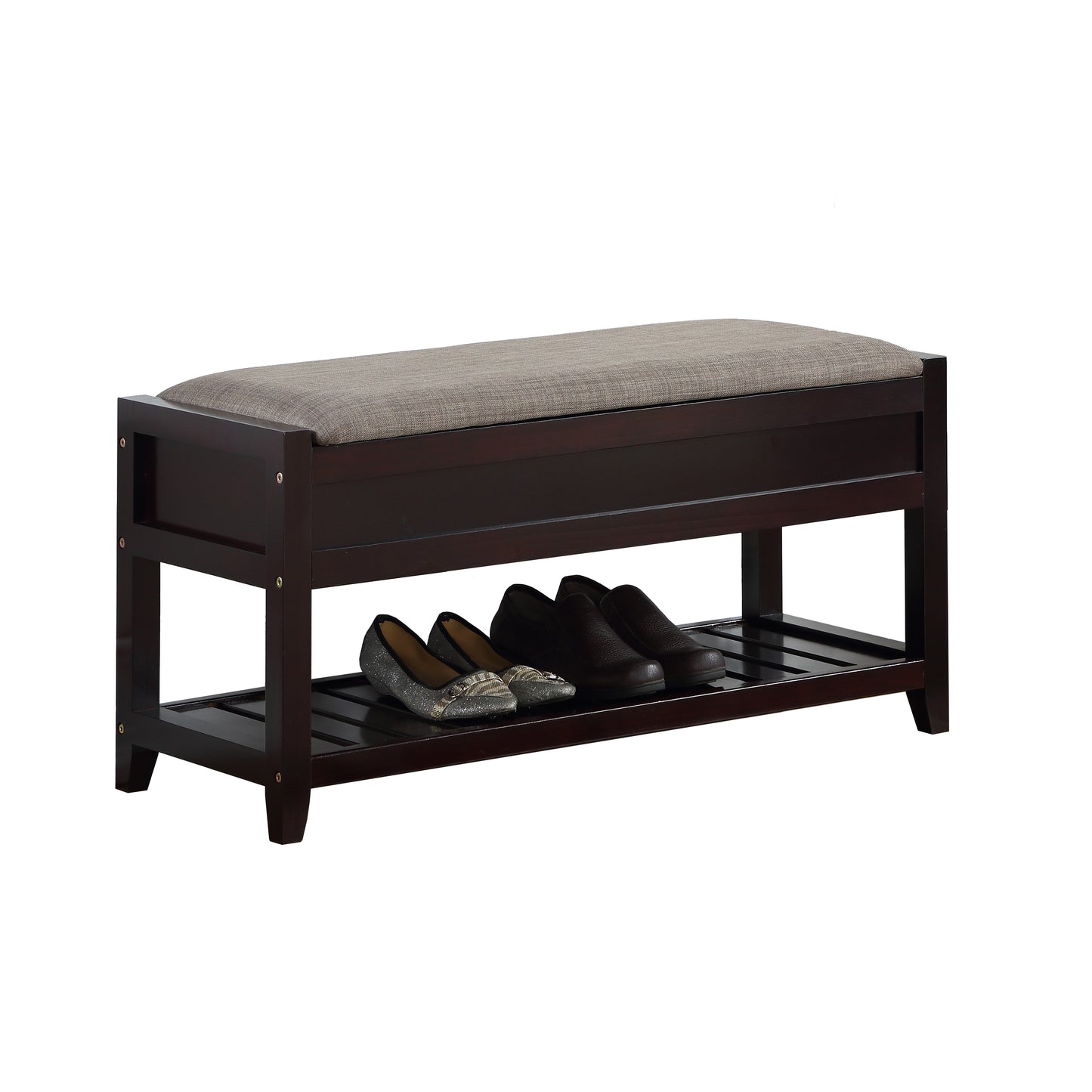 Dark brown storage bench with upholstered gray seat and twotier shoe rack