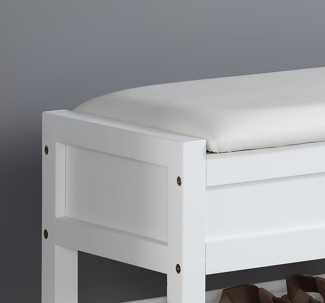 White wooden entryway bench with cream upholstered seat