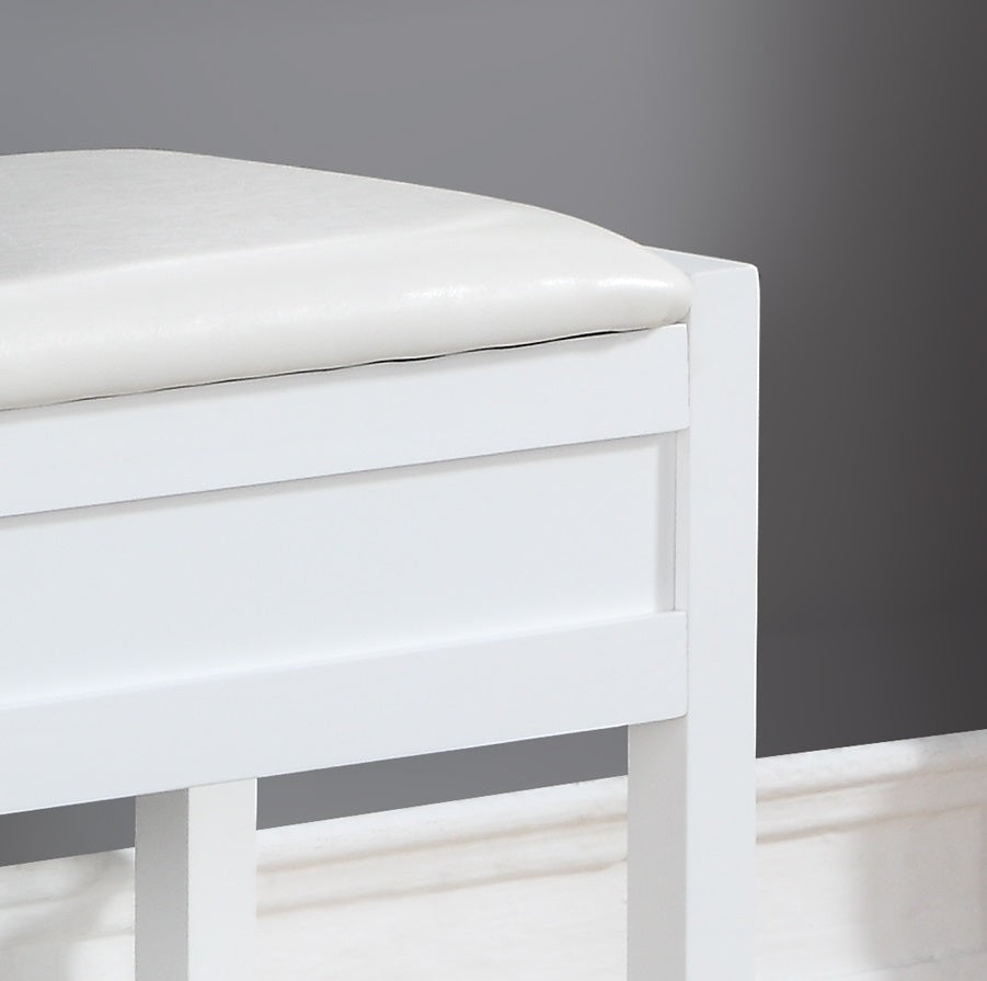 White wooden storage bench with plush padded seat