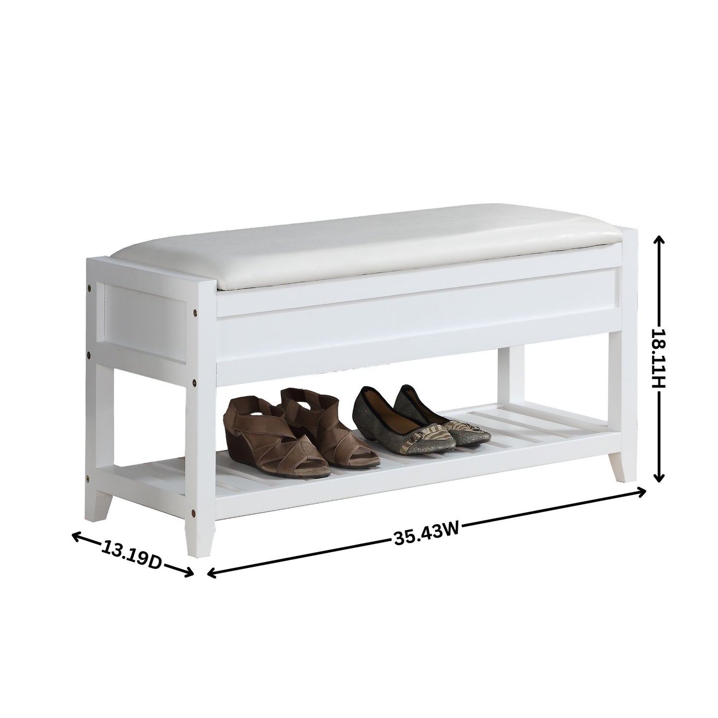 White wooden shoe bench with upholstered top and slatted lower shelf