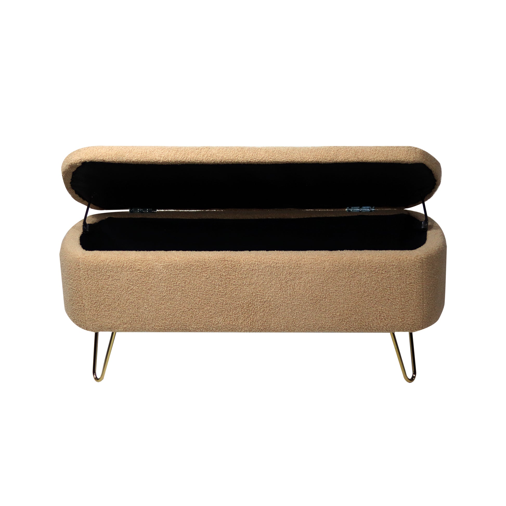 Beige boucle fabric storage ottoman with open lid and gold hairpin legs