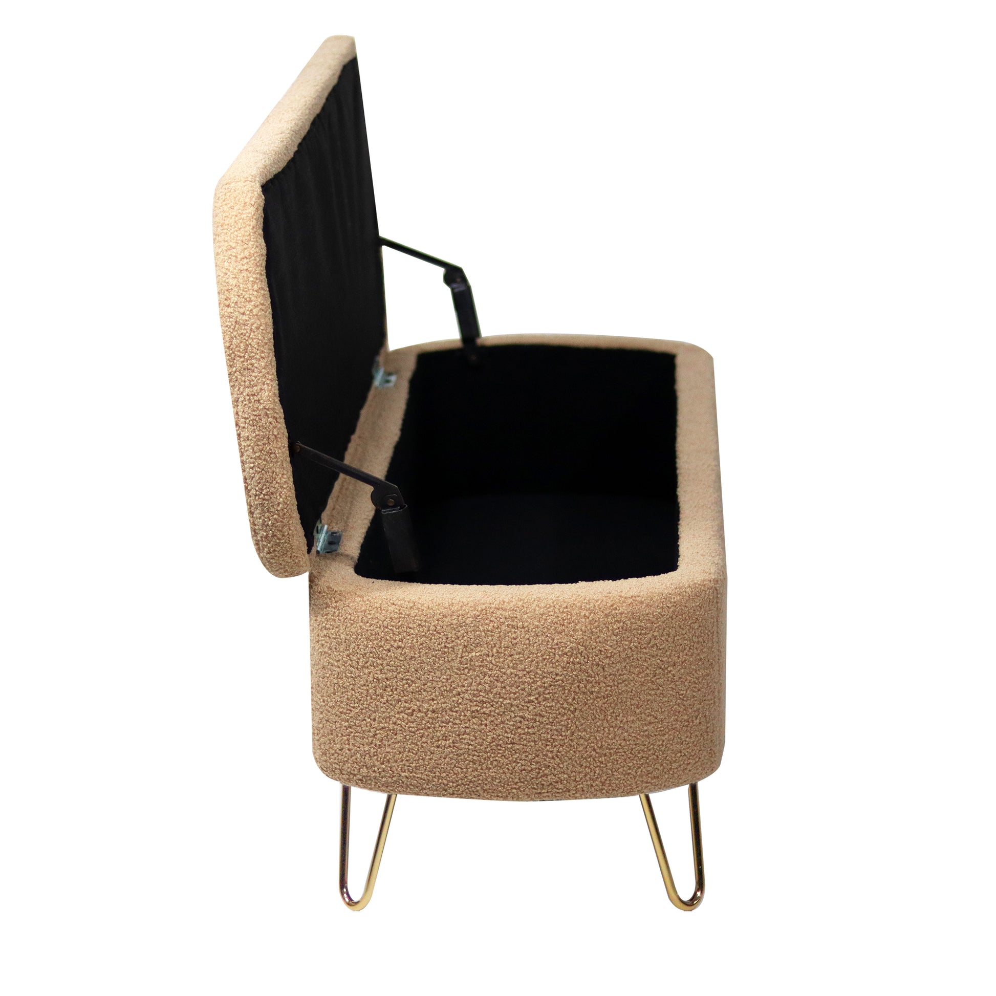 Beige boucle storage ottoman with gold hairpin legs lid open to reveal black interior