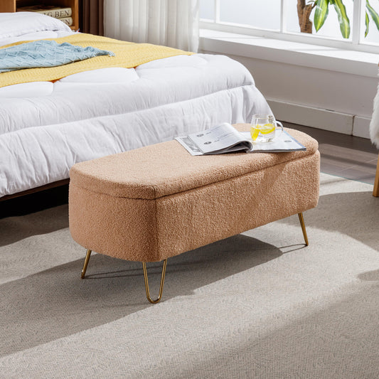 Beige teddy fabric storage ottoman with gold hairpin legs
