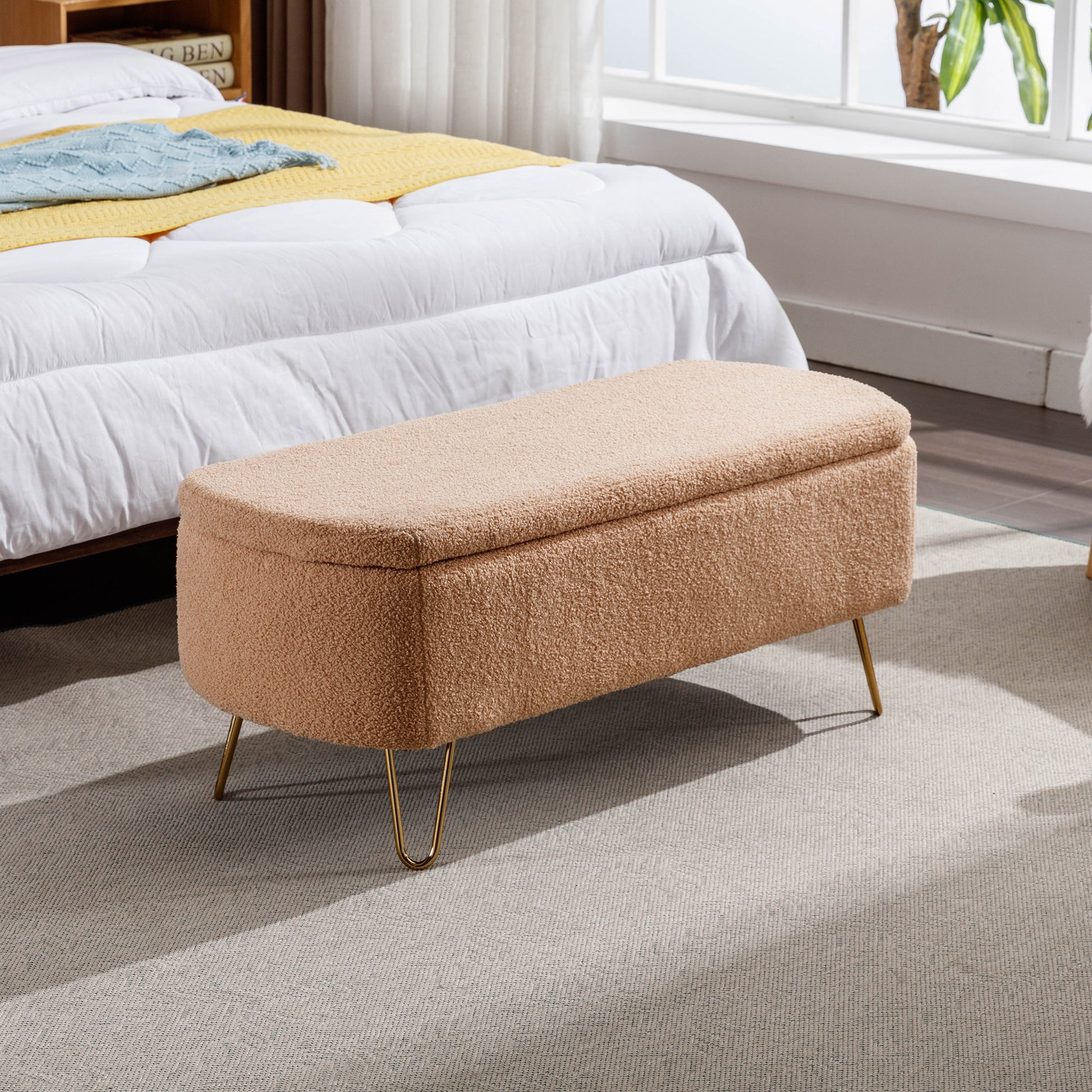 Tan teddy fabric storage bench with gold hairpin legs
