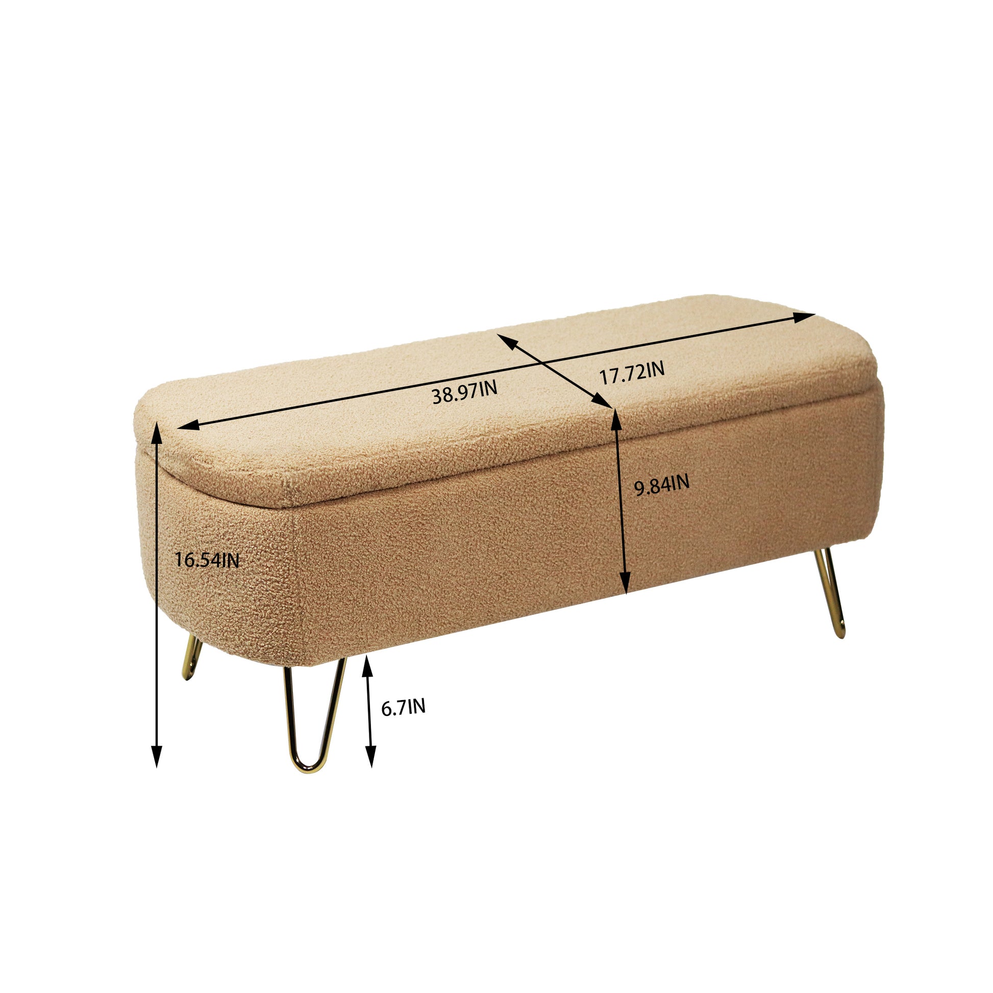 Tan sherpa storage ottoman bench with gold hairpin legs and dimensions shown