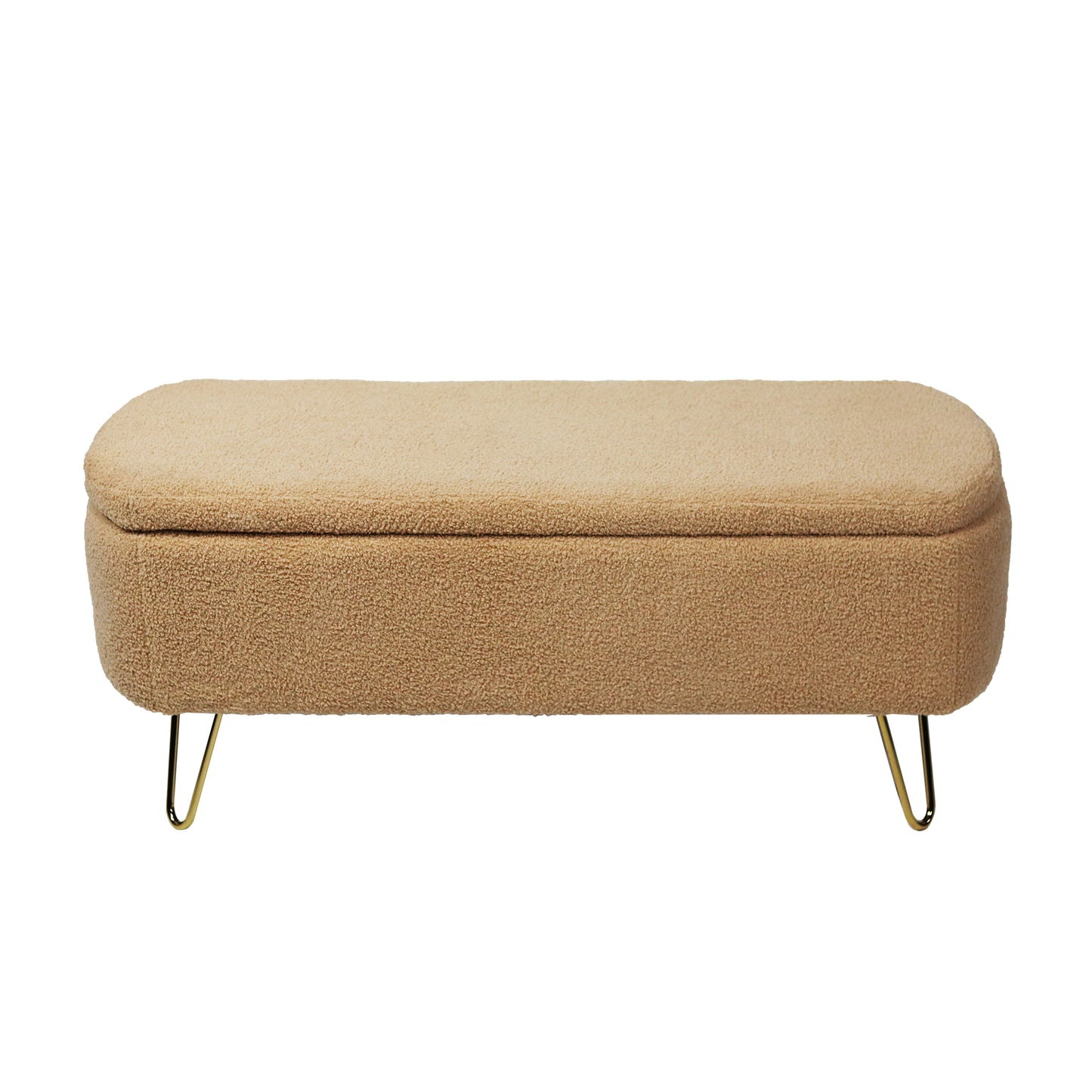 Beige boucle storage ottoman with gold hairpin legs