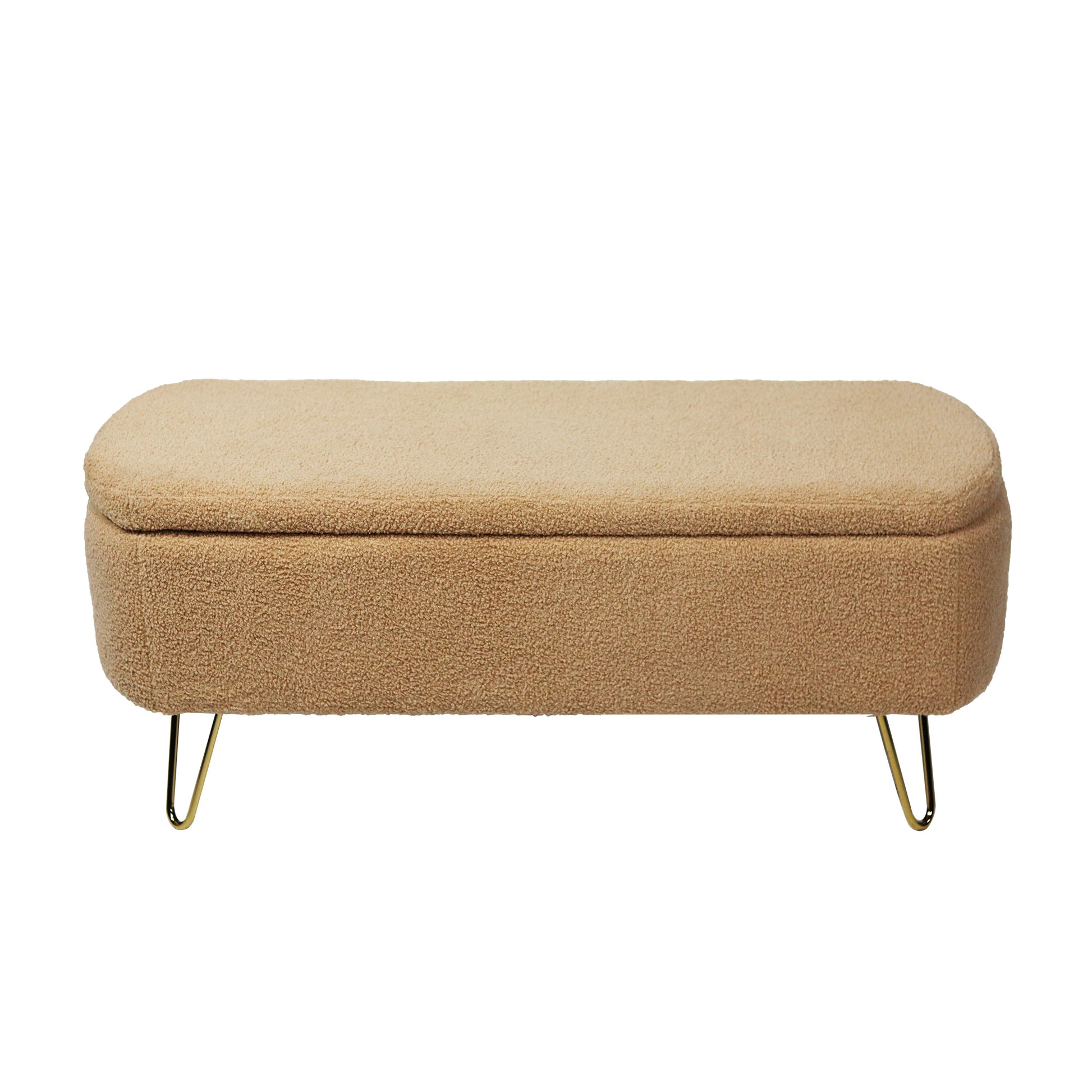 Beige boucle storage ottoman with gold hairpin legs