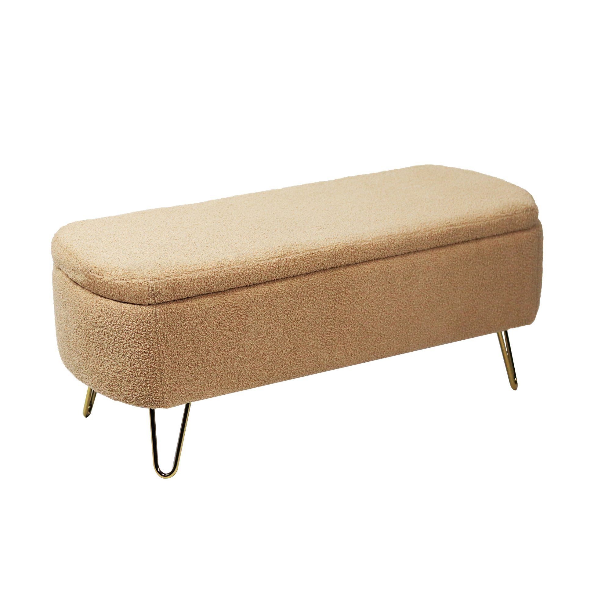 Beige teddy fabric storage bench with gold hairpin legs