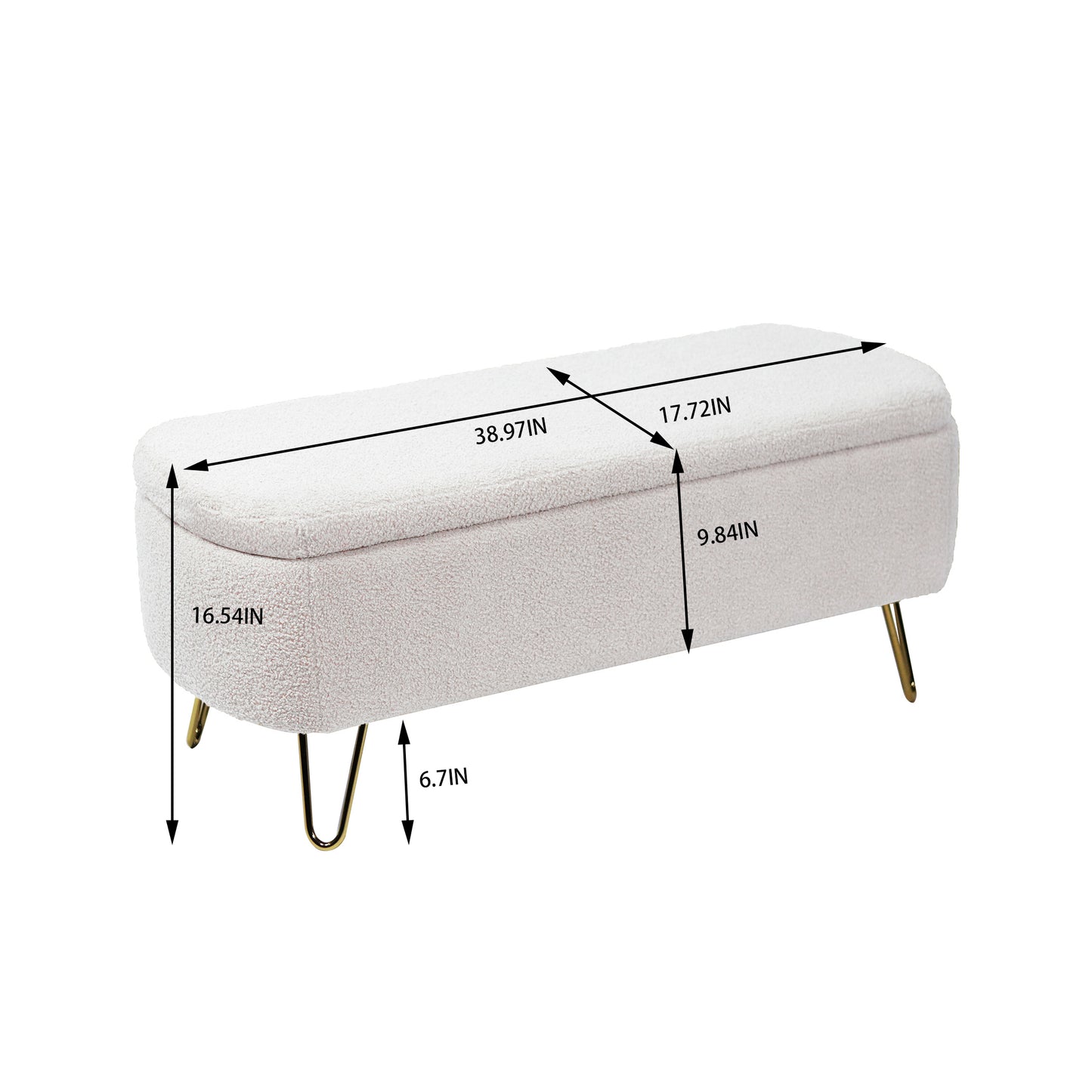 Cream teddy sherpa storage ottoman bench with gold hairpin legs