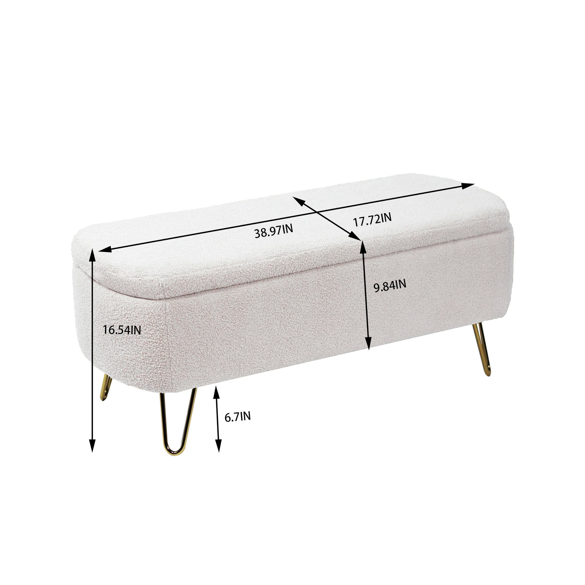 Cream teddy sherpa storage ottoman bench with gold hairpin legs