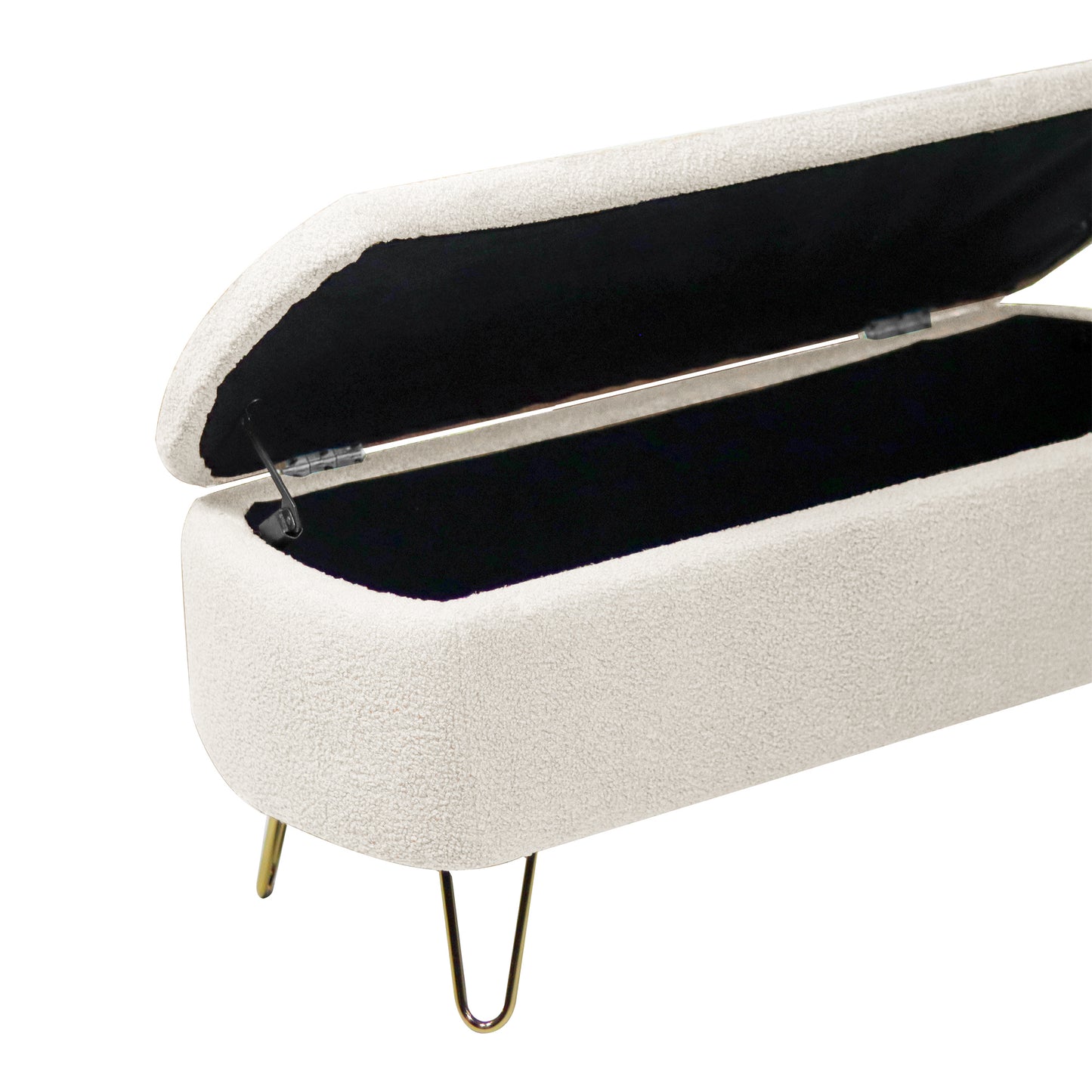 Cream boucle storage ottoman with open lid and gold hairpin legs