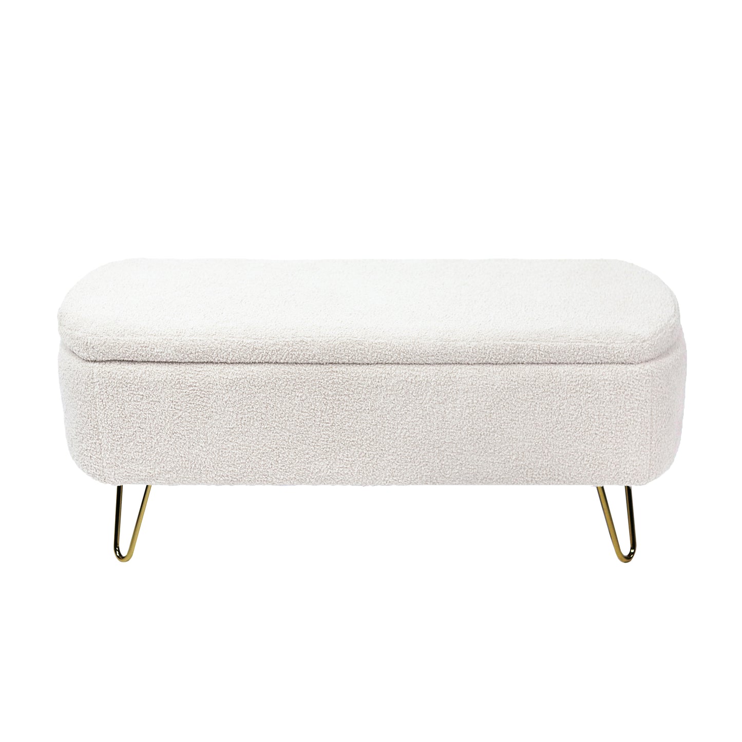 Cream boucle storage ottoman with gold hairpin legs