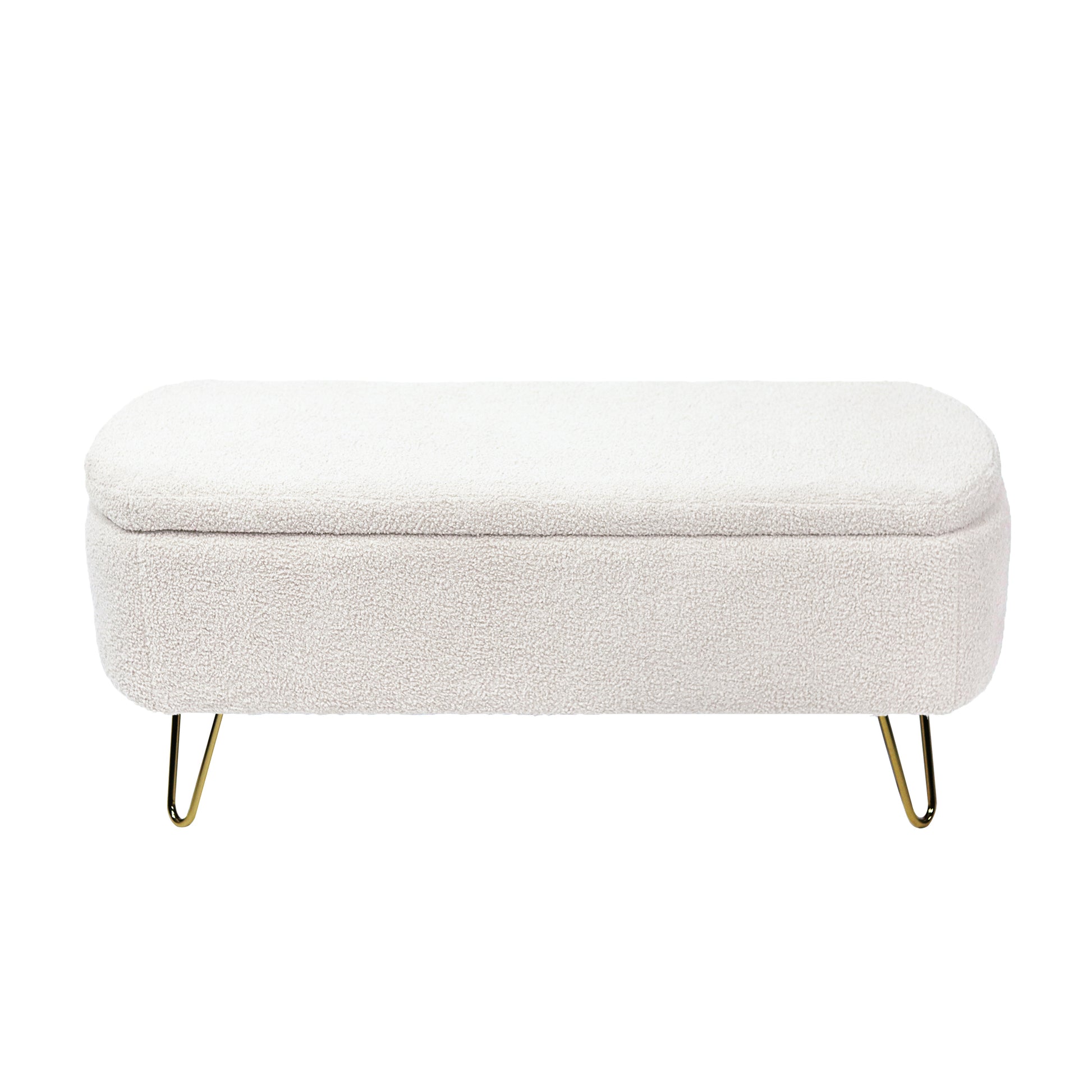 Cream boucle storage ottoman with gold hairpin legs