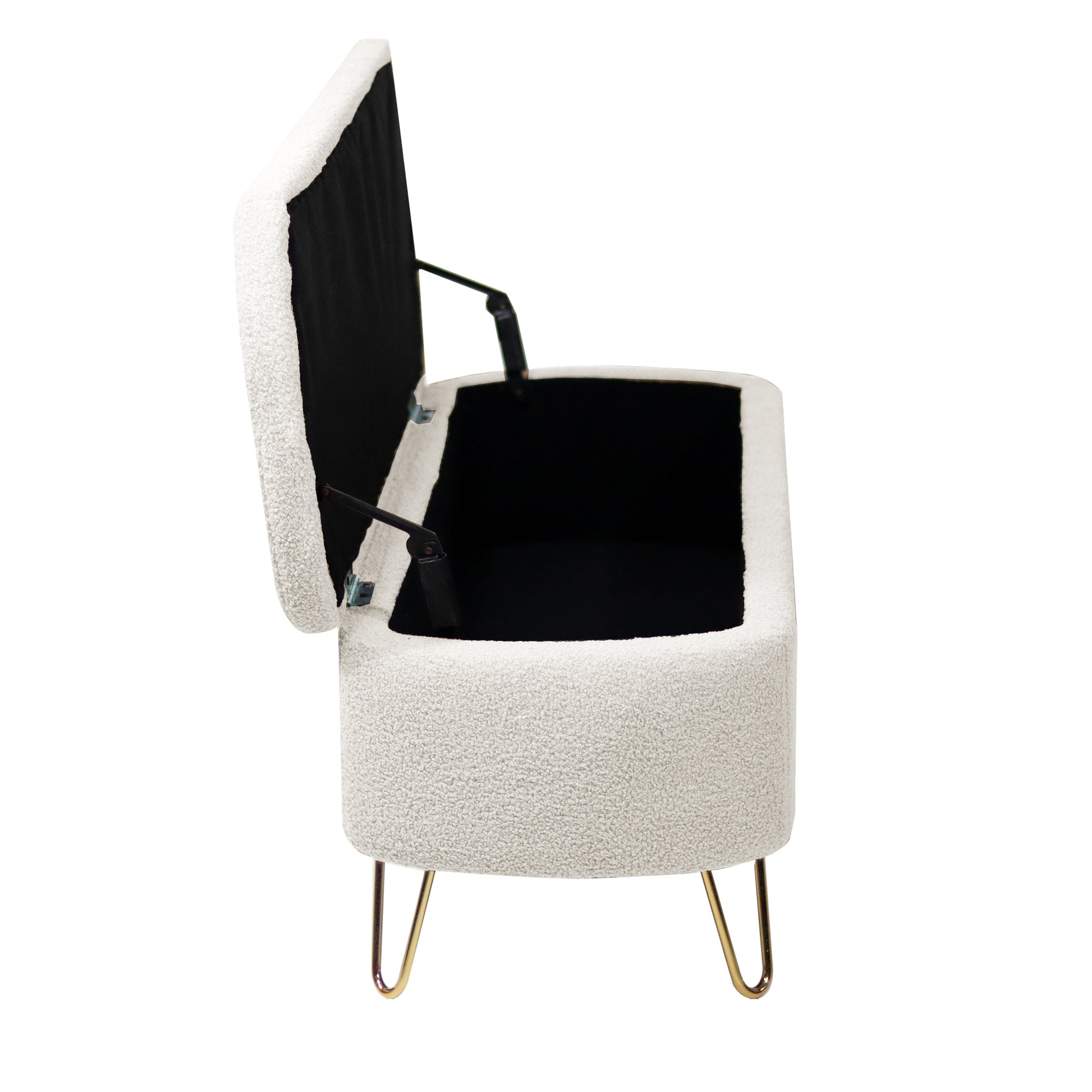 White boucle storage bench with gold hairpin legs open showing black interior