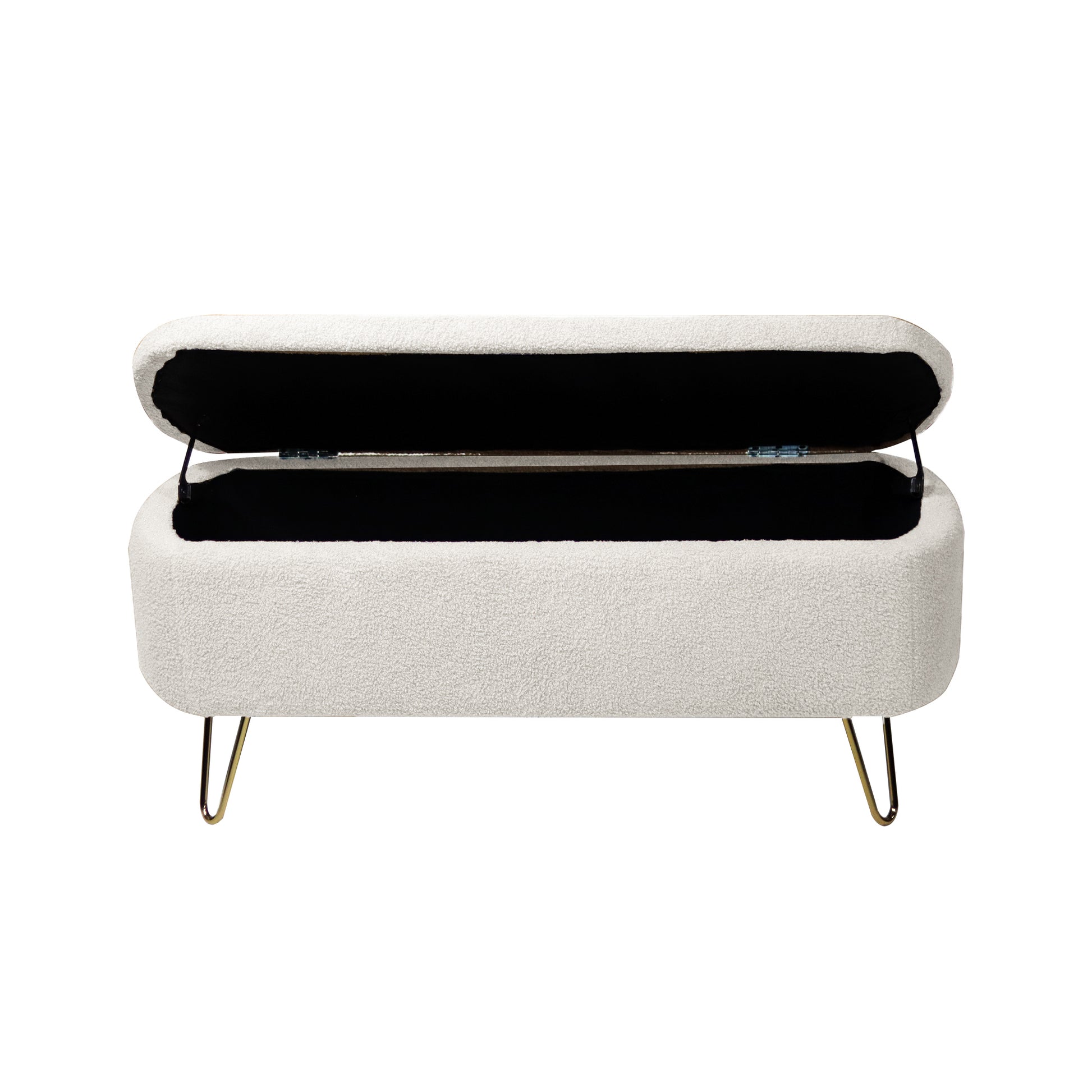Cream boucle storage ottoman with open lid and gold hairpin legs
