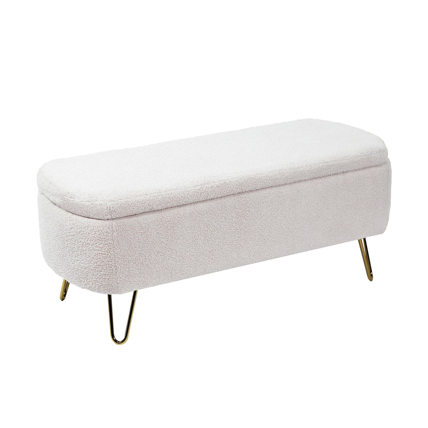 Cream boucle storage ottoman with gold hairpin legs
