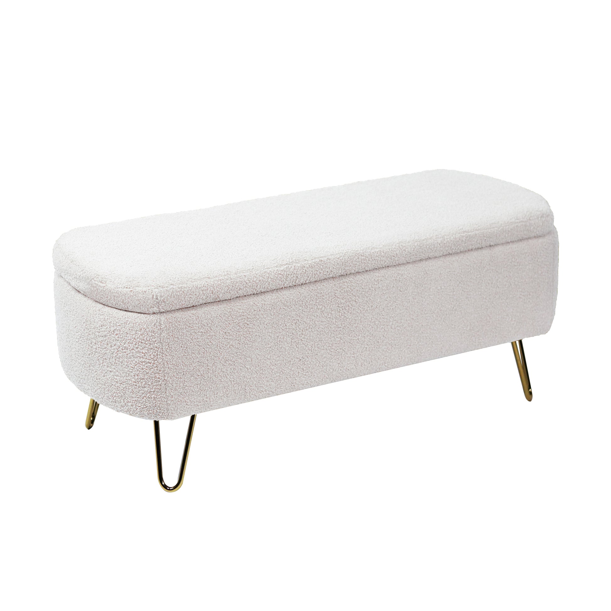 Cream boucle storage ottoman with gold hairpin legs