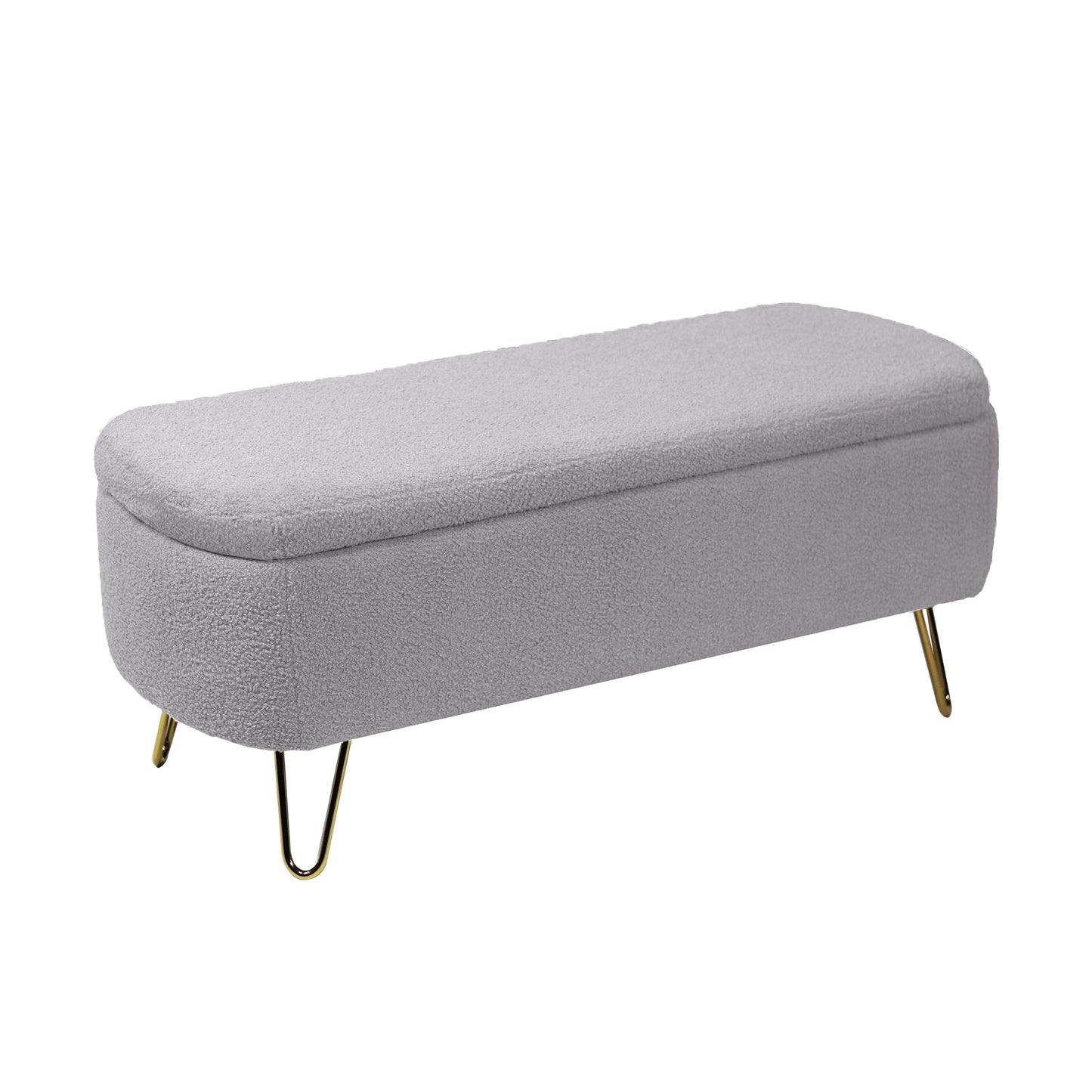 Gray boucle storage bench with gold hairpin legs