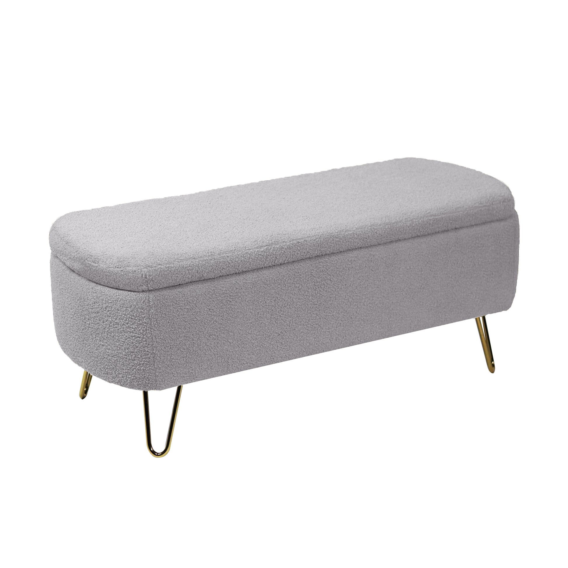 Gray boucle storage bench with gold hairpin legs