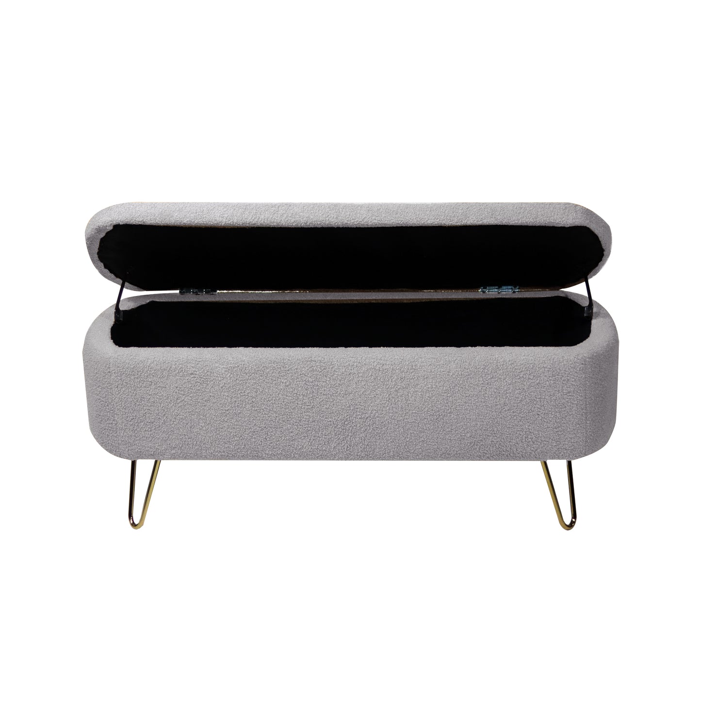 Light grey boucle storage bench with open lid and gold hairpin legs