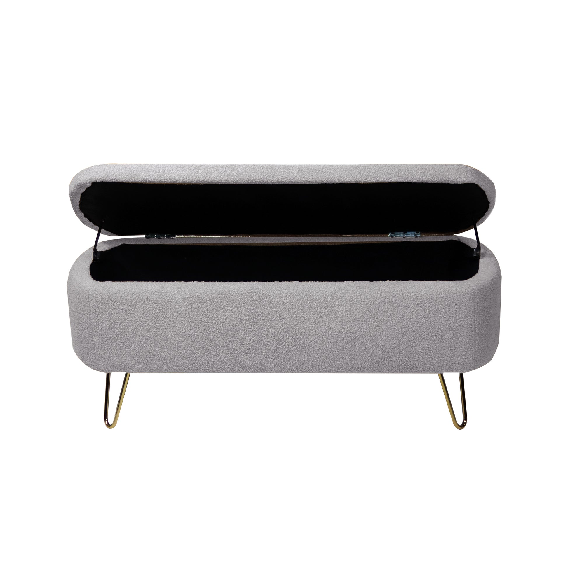 Light grey boucle storage bench with open lid and gold hairpin legs