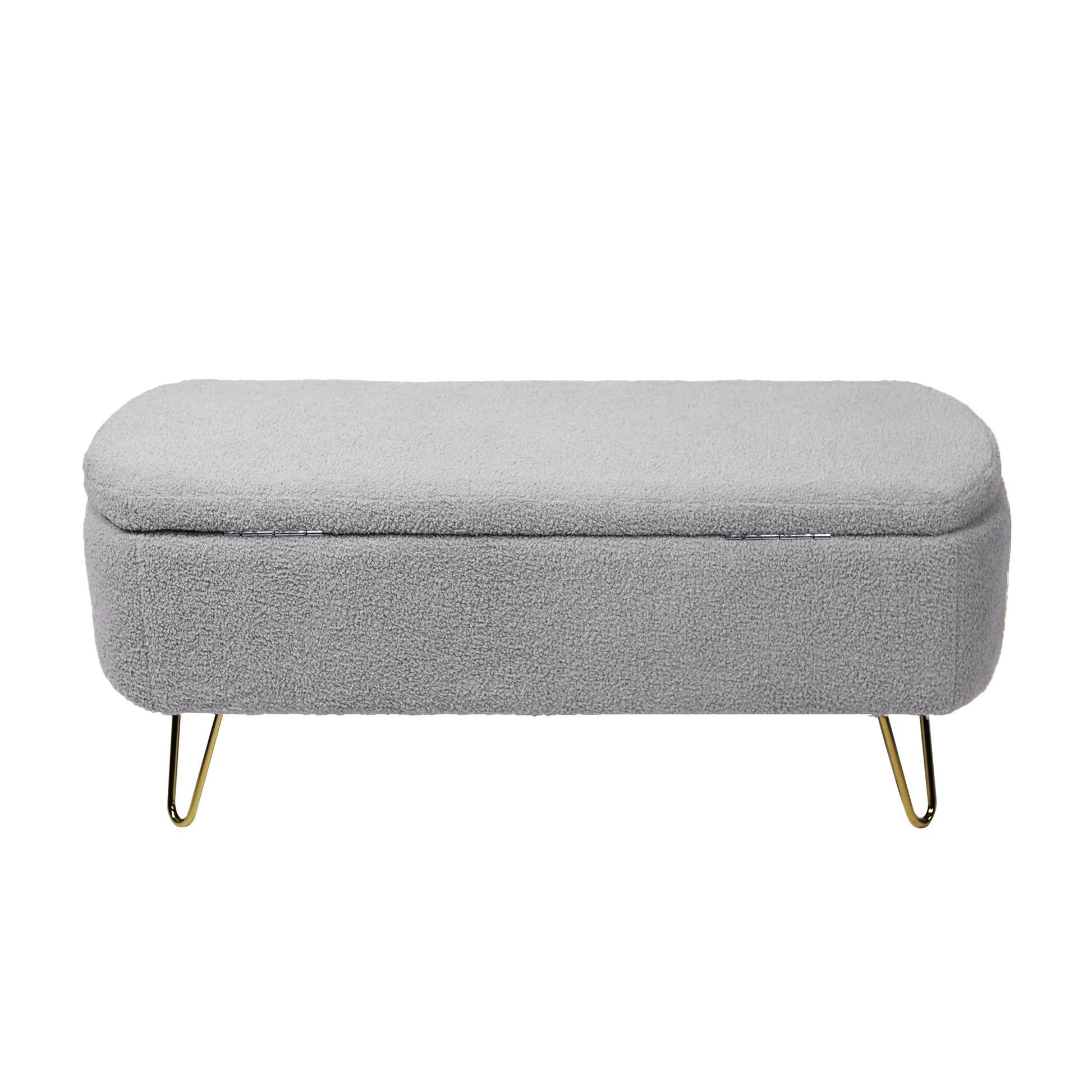 Grey sherpa storage ottoman with hinged lid and gold hairpin legs