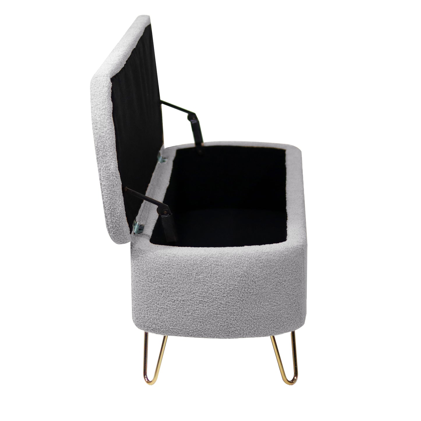 Gray boucle storage bench with open lid and gold hairpin legs