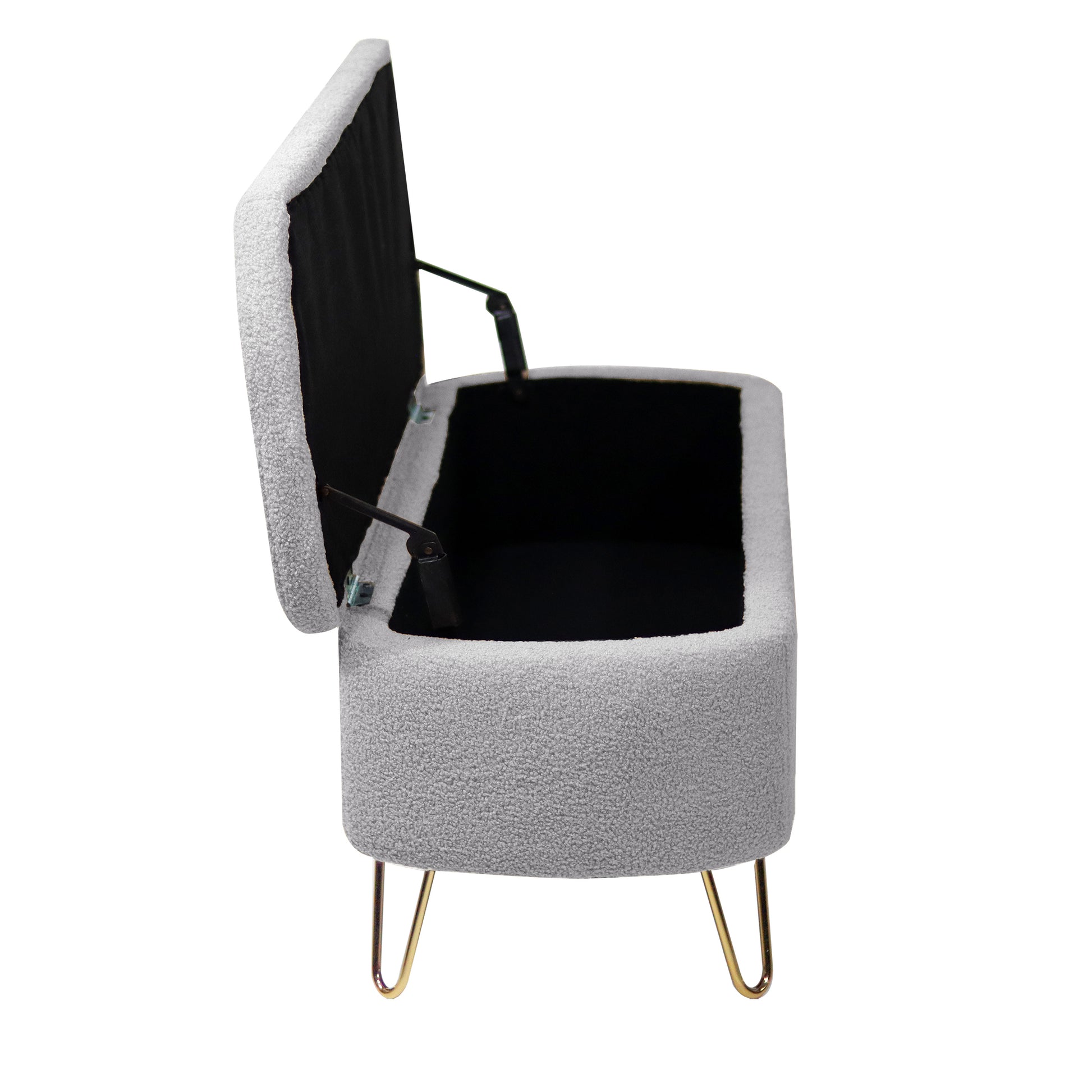 Gray boucle storage bench with open lid and gold hairpin legs