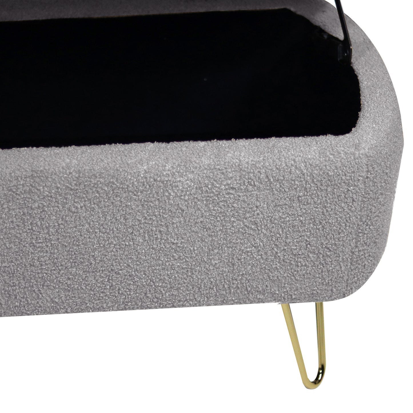 Gray boucle storage ottoman with gold hairpin legs