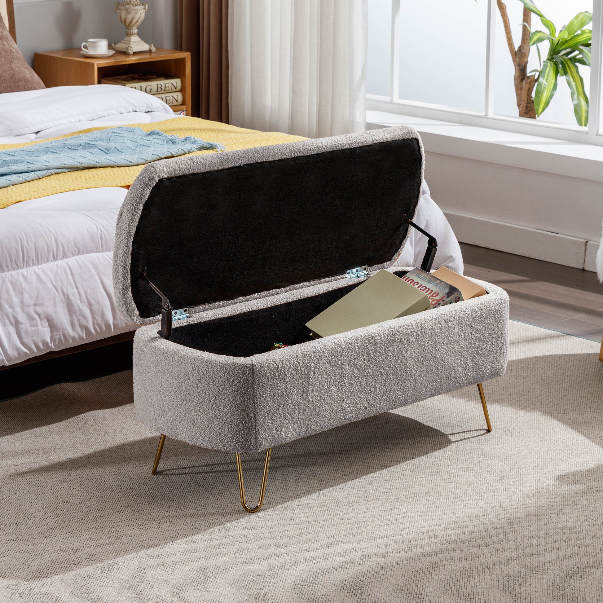 Grey teddy fabric storage ottoman with gold hairpin legs